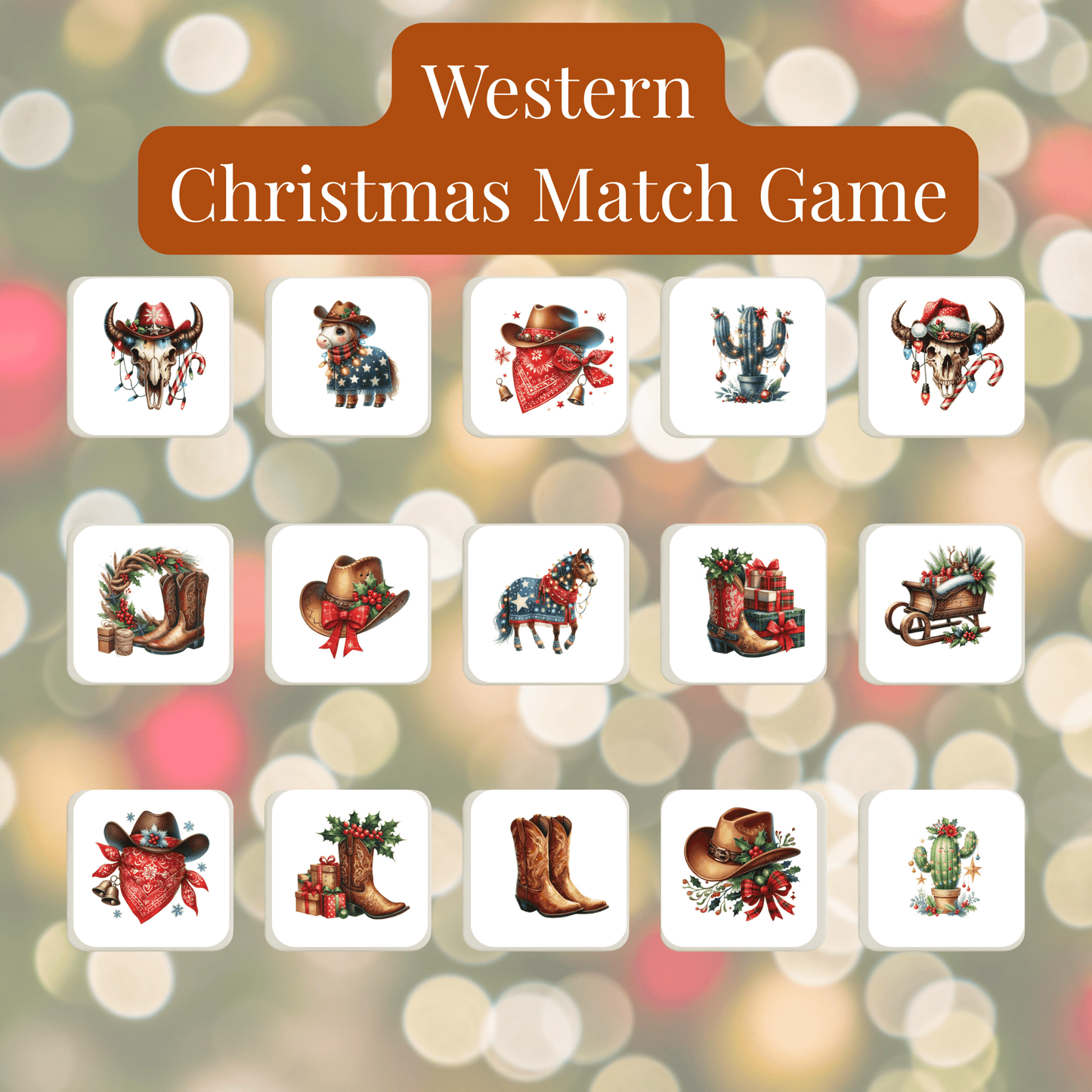 Mirabilia Boutique's Western Christmas Match Game | Holiday Memory Game for Kids features cowboy boots, hats, cacti, gifts & wreaths over a festive backdrop—perfect for joyful holiday memory fun.
