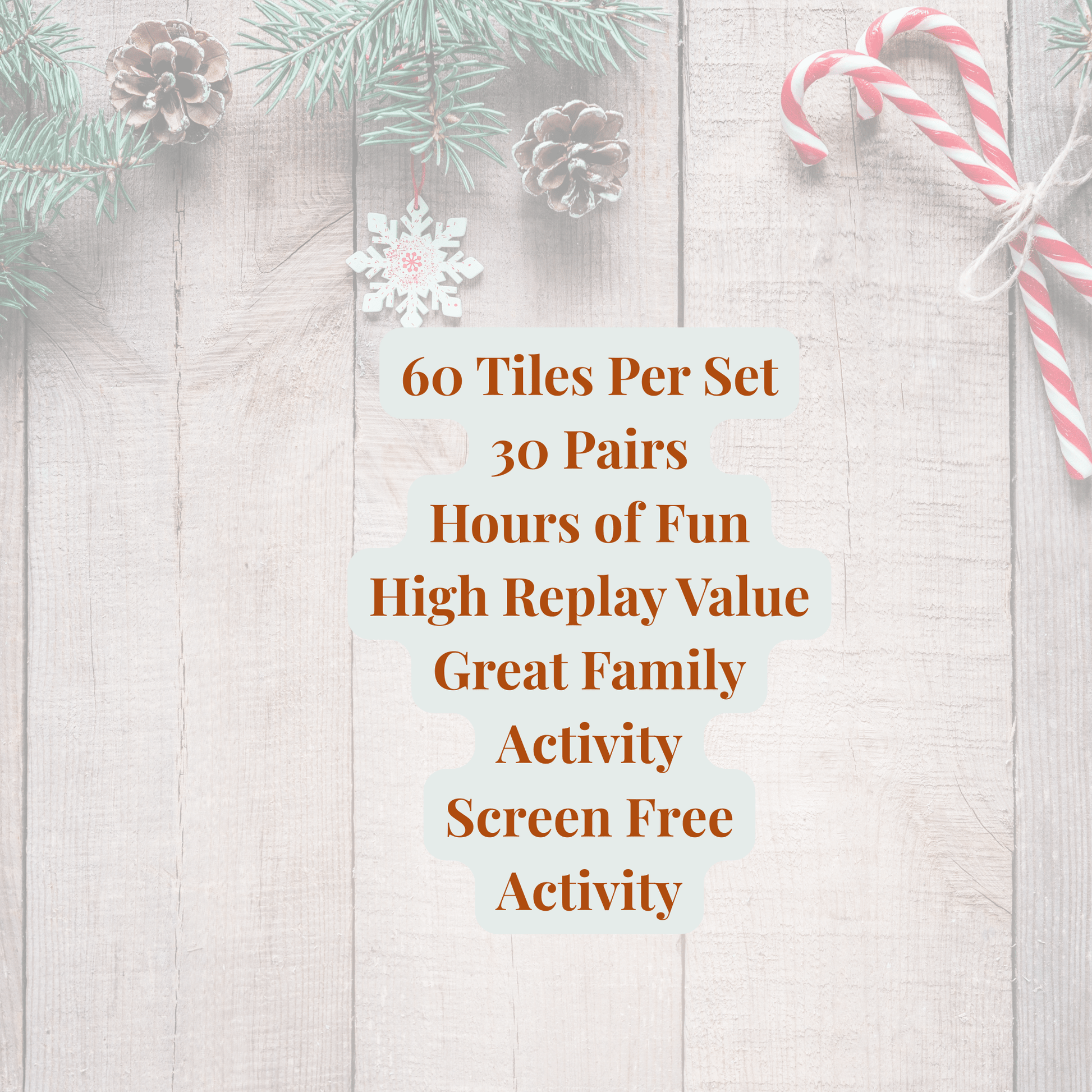 Festive flat lay with pine branches, cones, a snowflake, and candy canes frames text about Mirabilia Boutique’s Western Christmas Match Game—60 tiles, 30 pairs—for hours of holiday fun and lasting family memories.
