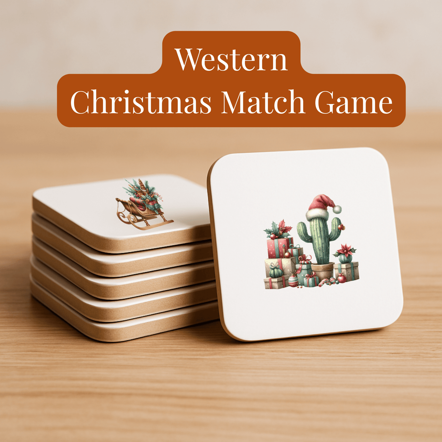 A stack of cards from the Western Christmas Match Game by Mirabilia Boutique rests on wood. The top card features a cactus in a Santa hat with gifts, and another shows a Western sleigh. Enjoy this festive holiday memory game for kids!.