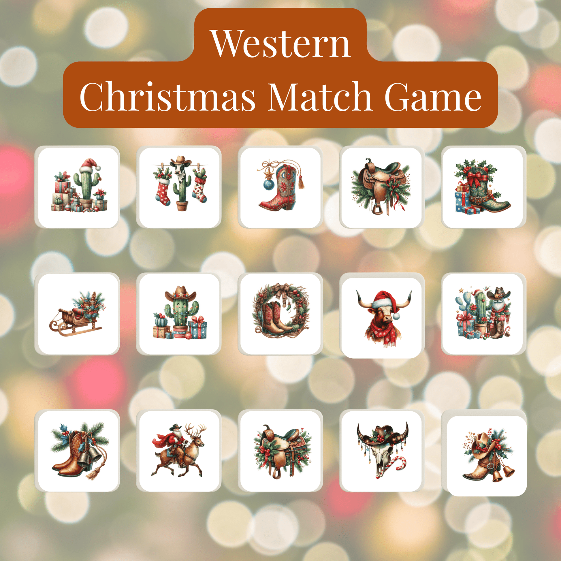 Mirabilia Boutique's Western Christmas Match Game | Holiday Memory Game for Kids features festive icons like cowboy boots, cacti, and reindeer on a bokeh background—perfect for family or friend gatherings this holiday season.