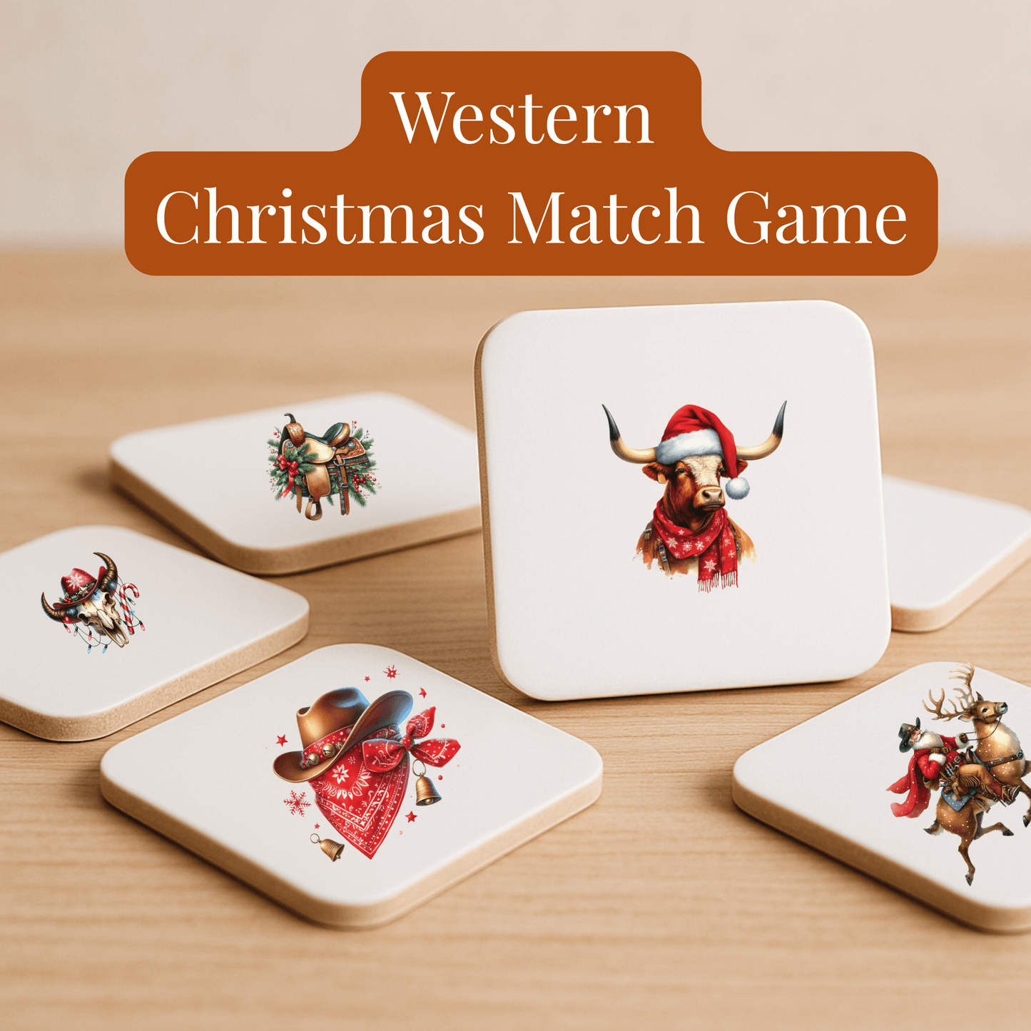 The Western Christmas Match Game by Mirabilia Boutique is a holiday memory game for kids featuring five square cards with western-themed Christmas illustrations like a cow in a Santa hat and a bull with a wreath.