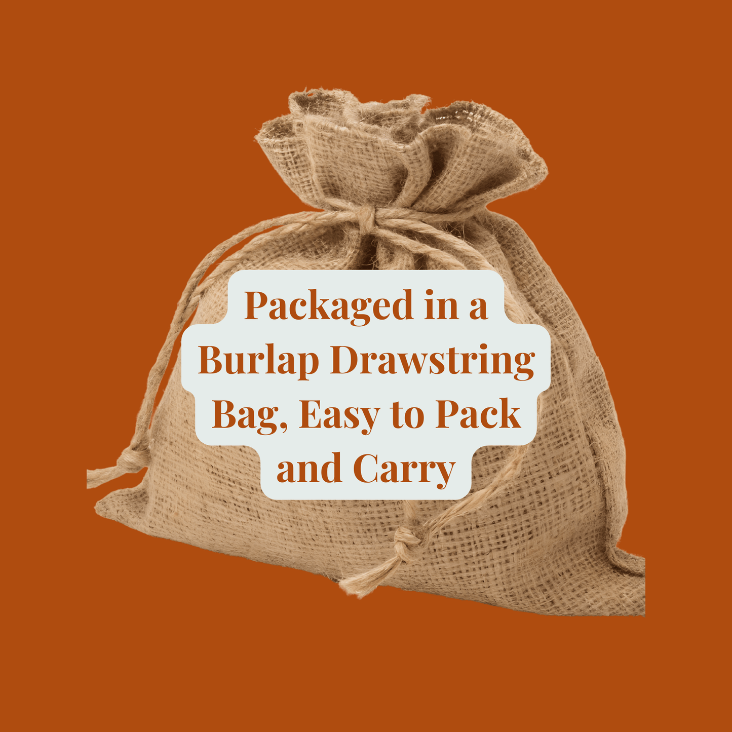 A closed burlap drawstring bag sits on an orange background with text: "Packaged in a Burlap Drawstring Bag—easy to pack and carry! Perfect for your Mirabilia Boutique Western Christmas Match Game | Holiday Memory Game for Kids.