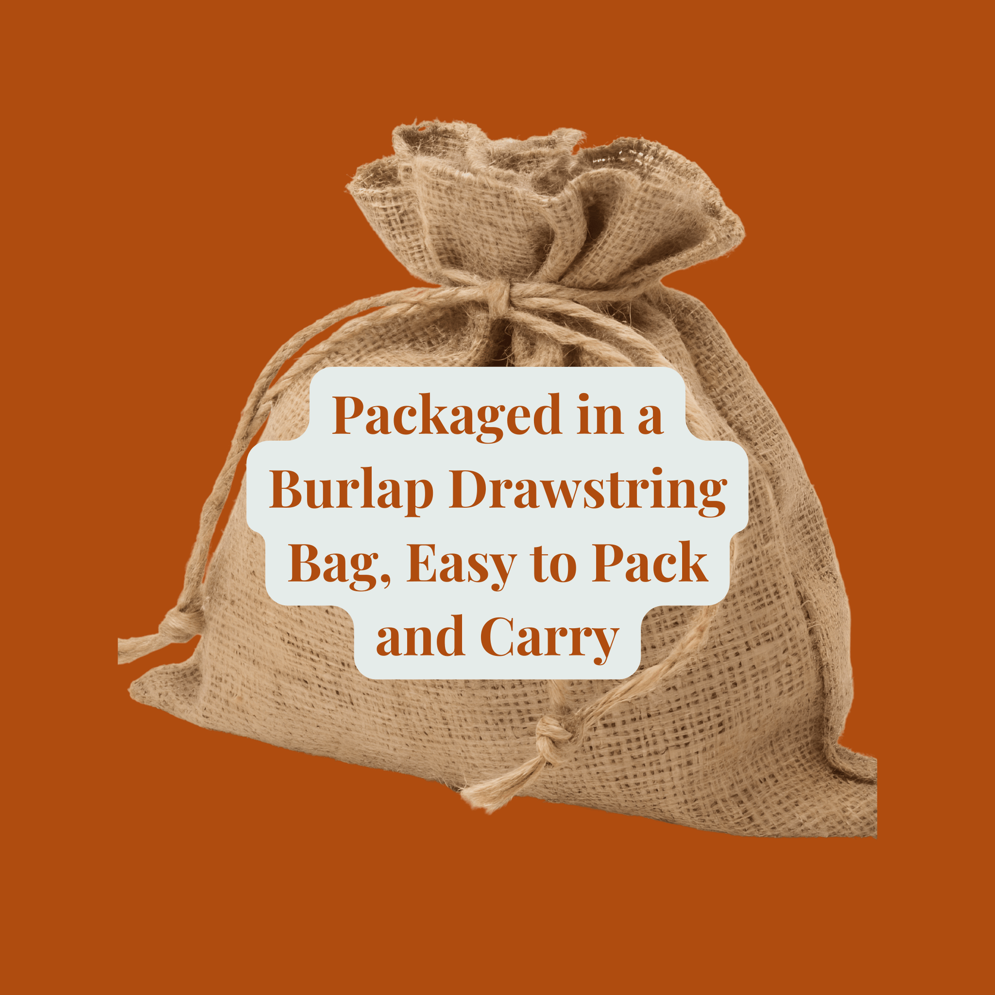 A closed burlap drawstring bag sits on an orange background with text: "Packaged in a Burlap Drawstring Bag—easy to pack and carry! Perfect for your Mirabilia Boutique Western Christmas Match Game | Holiday Memory Game for Kids.