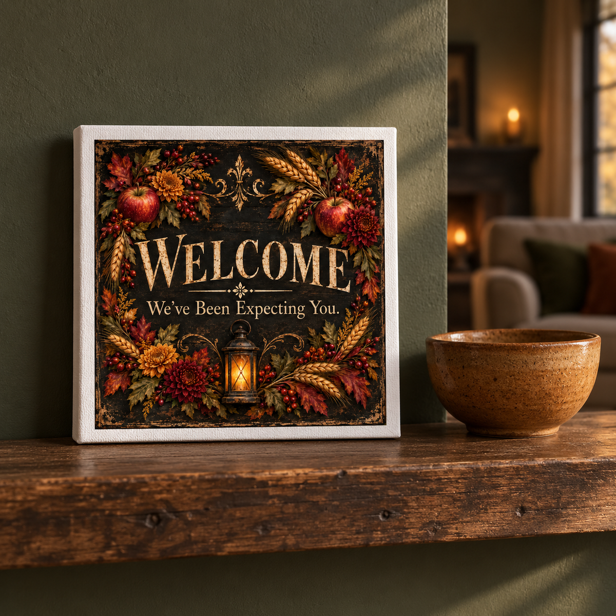 The Welcome, We’ve Been Expecting You Canvas Sign by Mirabilia Boutique features autumn flowers, apples, and wheat on a wooden shelf, bringing cozy seasonal decor to your living room.