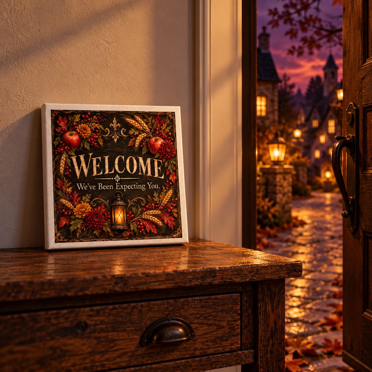 A Mirabilia Boutique Welcome, We’ve Been Expecting You Canvas Sign sits on a wooden table. An open door reveals warmly lit autumn decor, a cobblestone path, and charming houses.