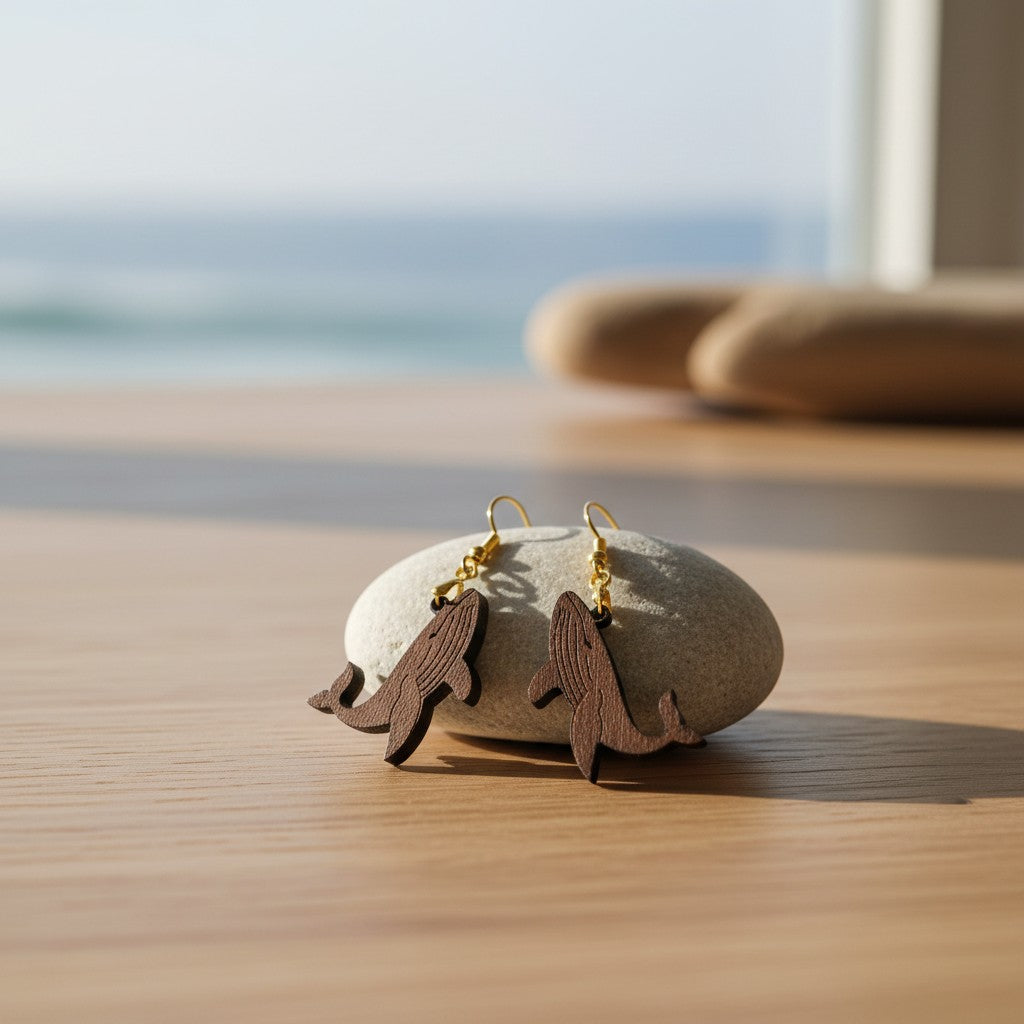 Humpback Whale Earrings by Mirabilia Boutique, lasercut from walnut wood with gold hooks, rest on a gray stone in sunlight—ideal ocean-inspired jewelry for whale lovers. A blurred sea view shimmers behind.