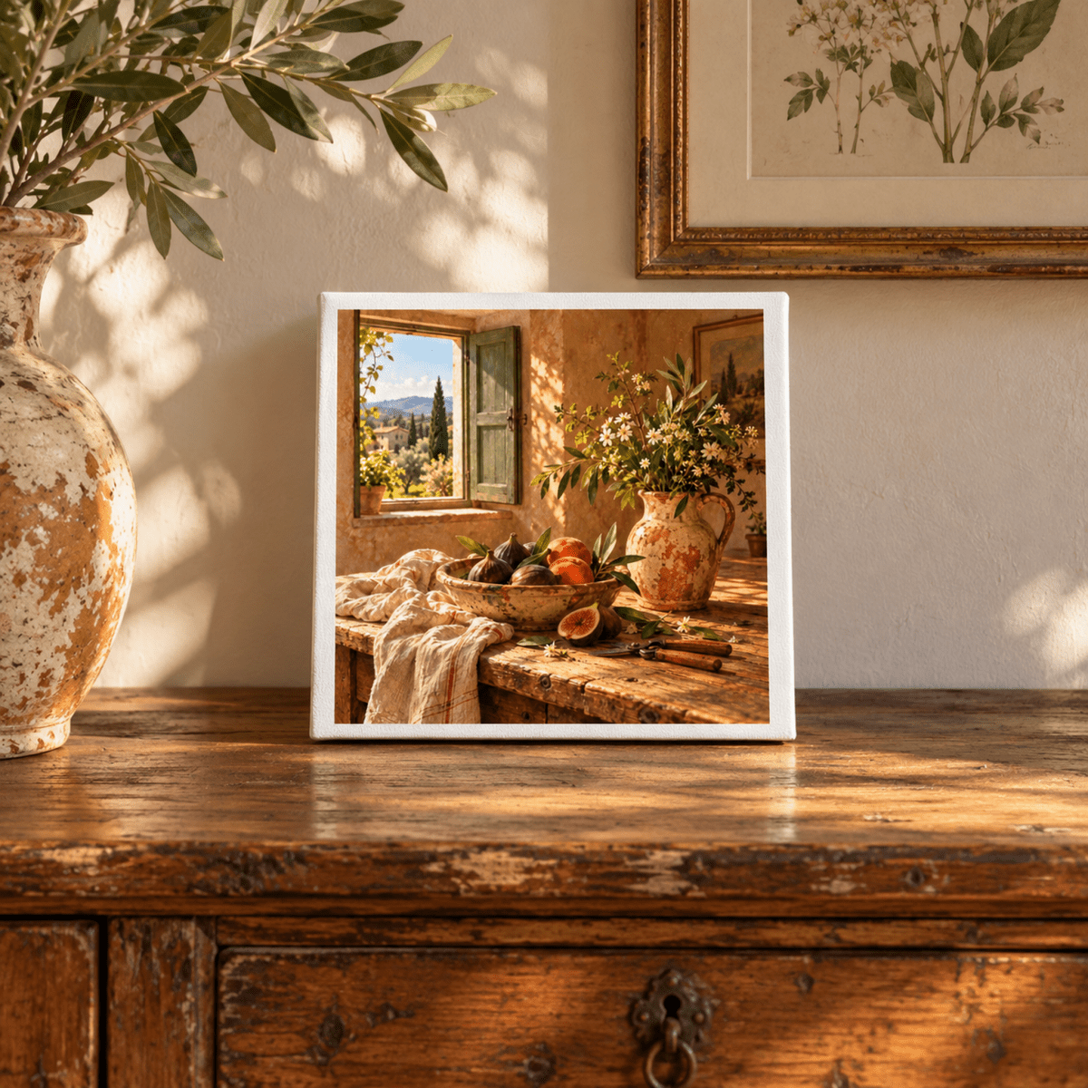 What the Garden Brought Canvas Art | Ochre & Cypress, a sunlit print of a Tuscan still life featuring a bowl of figs, a pitcher of wildflowers, and an open window overlooking a landscape, all resting on a wooden table.