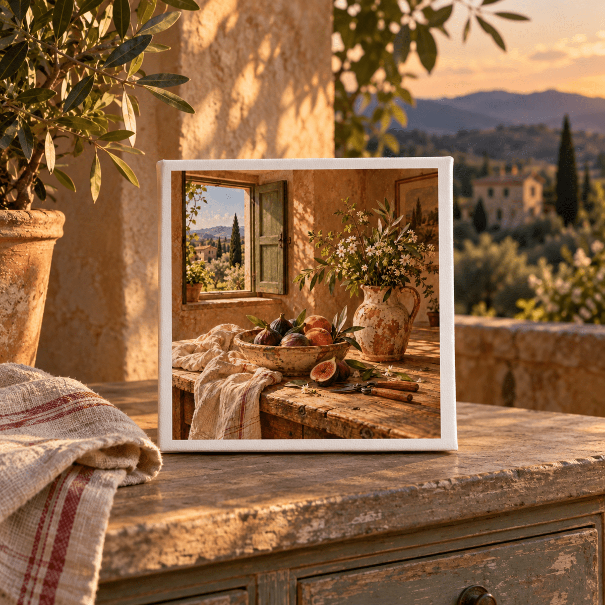 What the Garden Brought Canvas Art in Ochre & Cypress sits on a wooden table, depicting a still life of figs and a vase of flowers near an open window overlooking a countryside landscape.