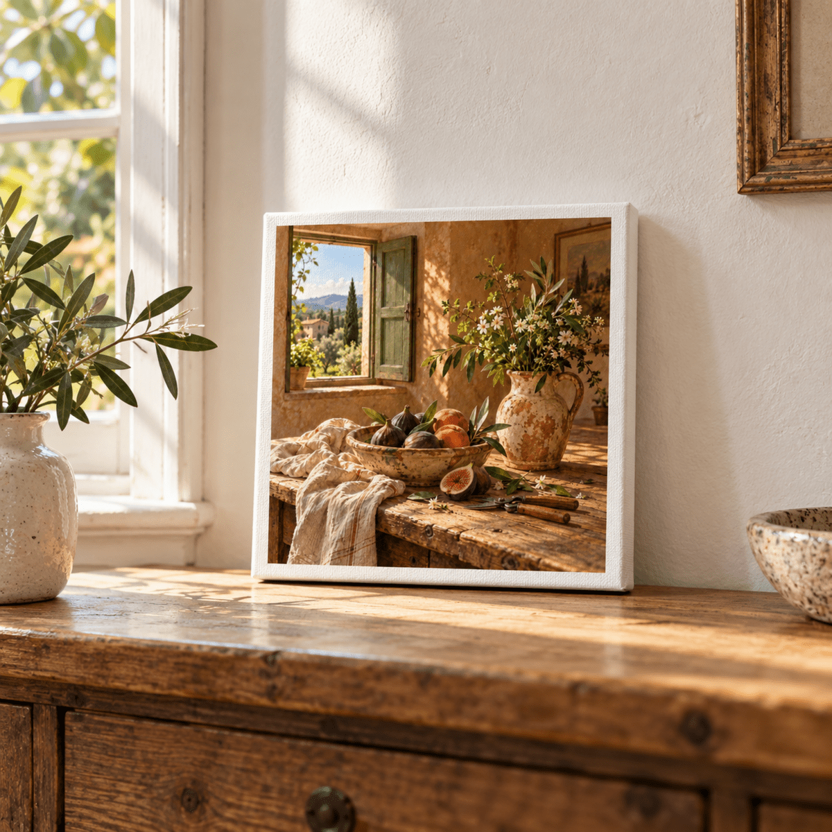 A square sunlit What the Garden Brought Canvas Art | Ochre & Cypress print featuring a Tuscan still life of figs in a bowl and a vase of flowers on a rustic wooden table, displayed on a wooden cabinet.