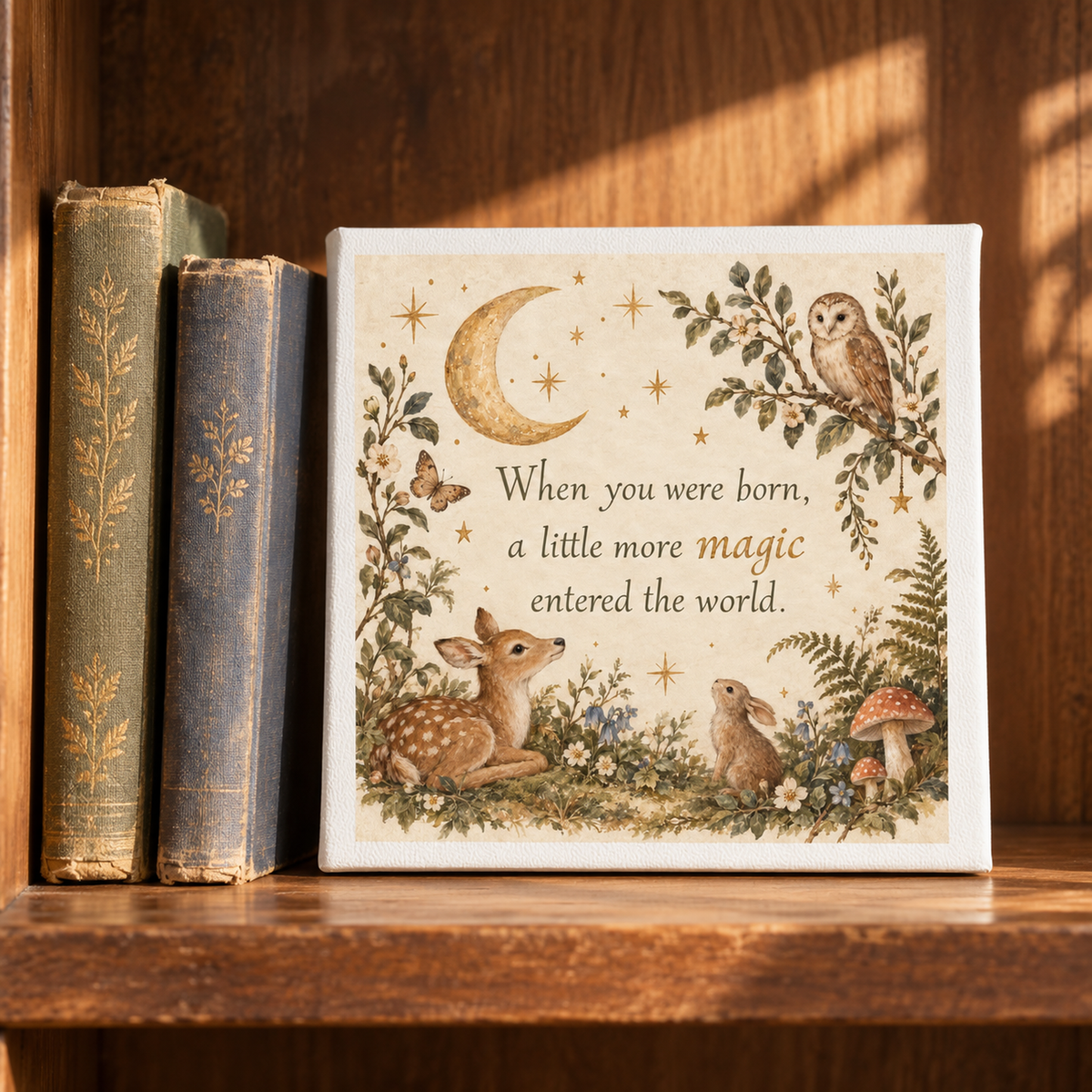 A wooden shelf displays three vintage books alongside the Mirabilia Boutique “A Little More Magic 8x8 Woodland Nursery Canvas”—an enchanting sign featuring woodland animals, stars, and the heartfelt quote: “When you were born, a little more magic entered the world.” This charming arrangement is a perfect keepsake for any Moonlit Woodland Nursery.