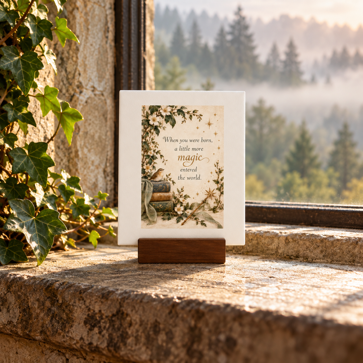 A Little More Magic 4x6 Mini Friend Gift Sign by Mirabilia Boutique (from Moon & Moss) rests on a stone windowsill, bearing the message, “When you were born, a little more magic entered the world.” Surrounded by books, a mug, and greenery—with the misty forest beyond—the scene is filled with woodland enchantment, making this sign a meaningful gift.