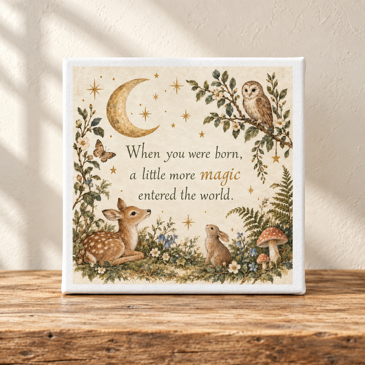 Introducing the “A Little More Magic 8x8 Woodland Nursery Canvas” by Mirabilia Boutique—a charming baby keepsake adorned with woodland animals, a moon, stars, and lush plants. Featuring the touching message: “When you were born, a little more magic entered the world,” this Mirabilia Baby canvas is perfect for cherishing those precious moments.