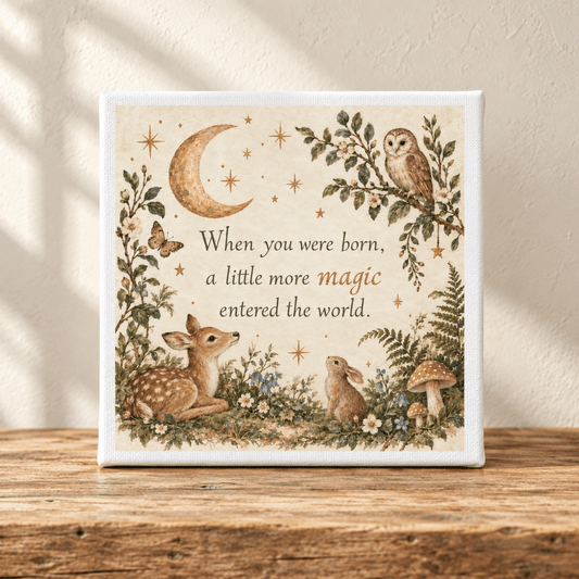 Introducing the “A Little More Magic 8x8 Woodland Nursery Canvas” by Mirabilia Boutique—a charming baby keepsake adorned with woodland animals, a moon, stars, and lush plants. Featuring the touching message: “When you were born, a little more magic entered the world,” this Mirabilia Baby canvas is perfect for cherishing those precious moments.