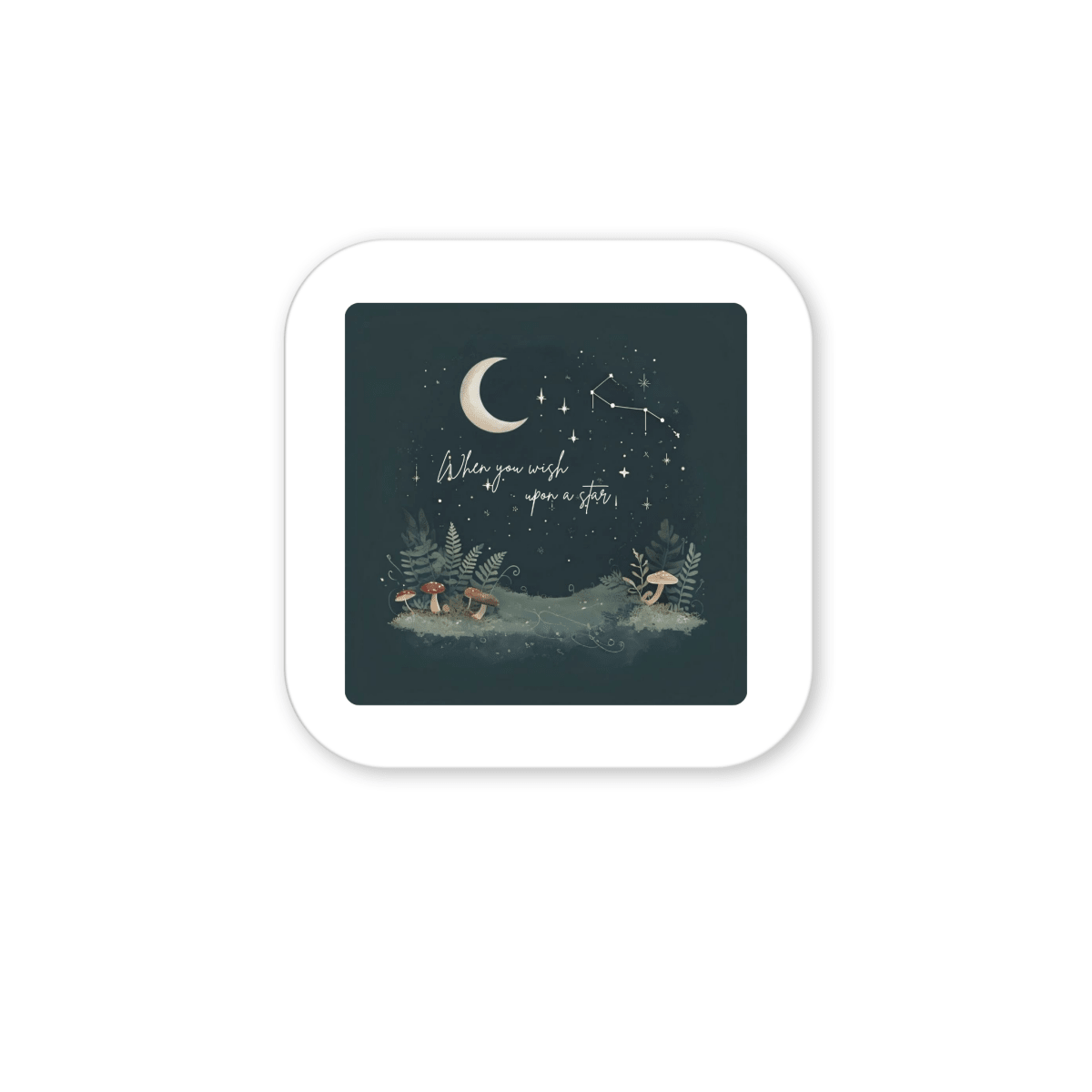 Bring celestial charm to your woodland magnet collection with the When You Wish Upon a Star Woodland Magnet by Mirabilia Boutique. This magnet features a dark, starry night illustration with a crescent moon, constellations, and the phrase “When you wish upon a star” above animals resting on grass—all enclosed within a white rounded square frame—making it a perfect decor accent for any space.