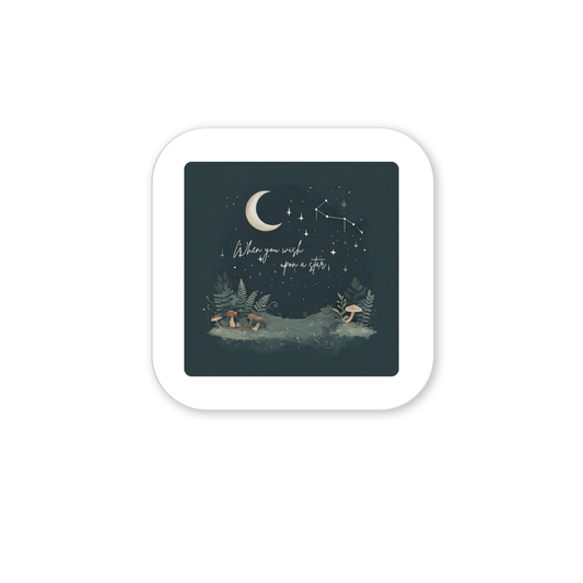 Bring celestial charm to your woodland magnet collection with the When You Wish Upon a Star Woodland Magnet by Mirabilia Boutique. This magnet features a dark, starry night illustration with a crescent moon, constellations, and the phrase “When you wish upon a star” above animals resting on grass—all enclosed within a white rounded square frame—making it a perfect decor accent for any space.