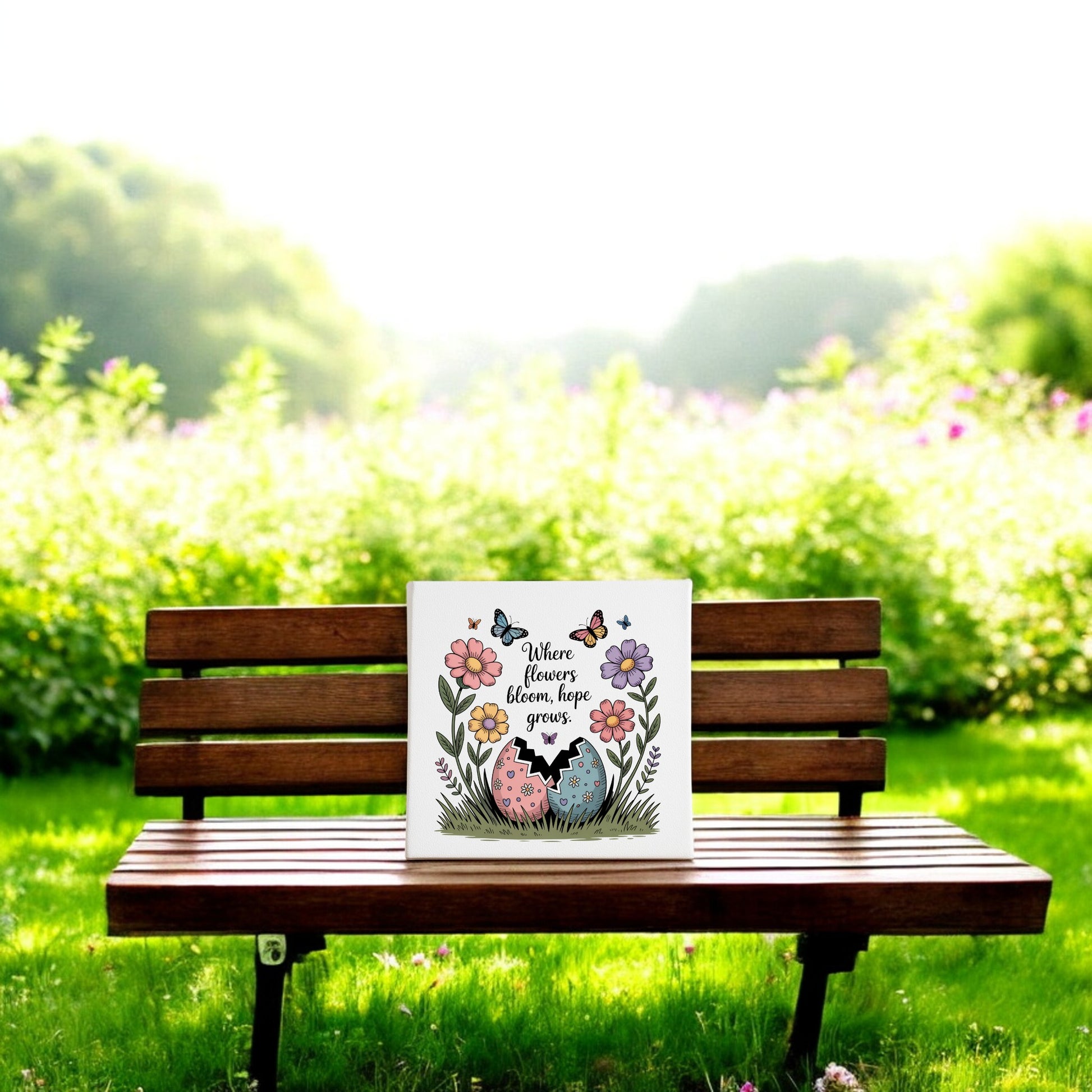 The Mirabilia Boutique "Where Flowers Bloom, Hope Grows" 8x8 Spring Canvas features butterflies, flowers, and birds—perfect as hope wall art or cheerful spring decor.