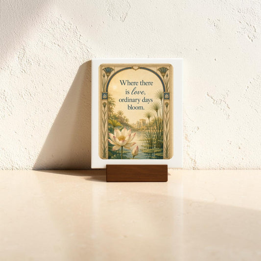The Where There Is Love | Lotus Mini Sign by Mirabilia Boutique features a lotus flower and reeds alongside the phrase, “Where there is love, ordinary days bloom.” This charming piece from the Lapis & Lotus Collection is displayed on a small wooden stand against a sunlit textured wall.