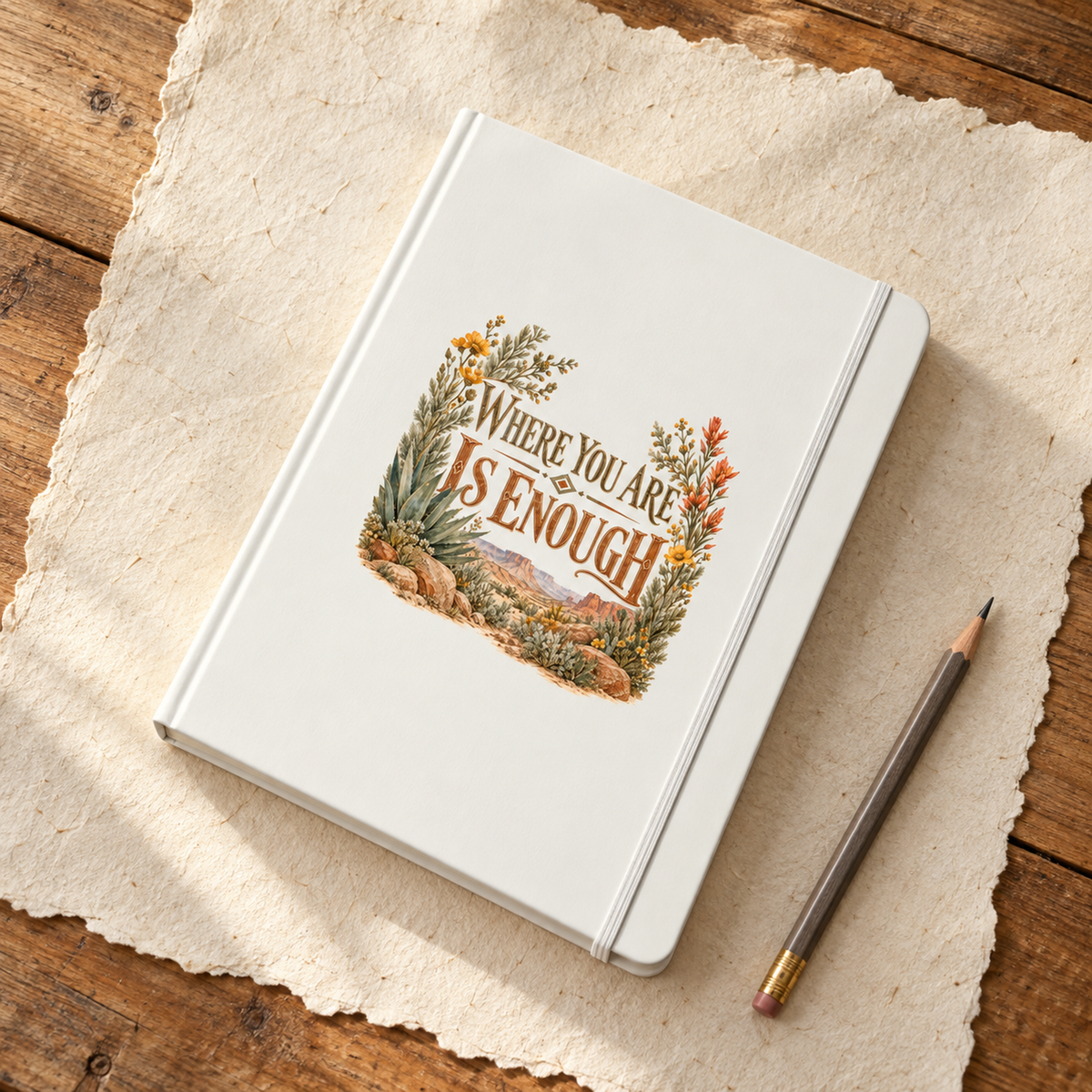 The Where You Are Is Enough A5 Lined Journal | Sage & Stone by Mirabilia Boutique rests closed on textured paper with a pencil beside it, all arranged on a wooden surface.