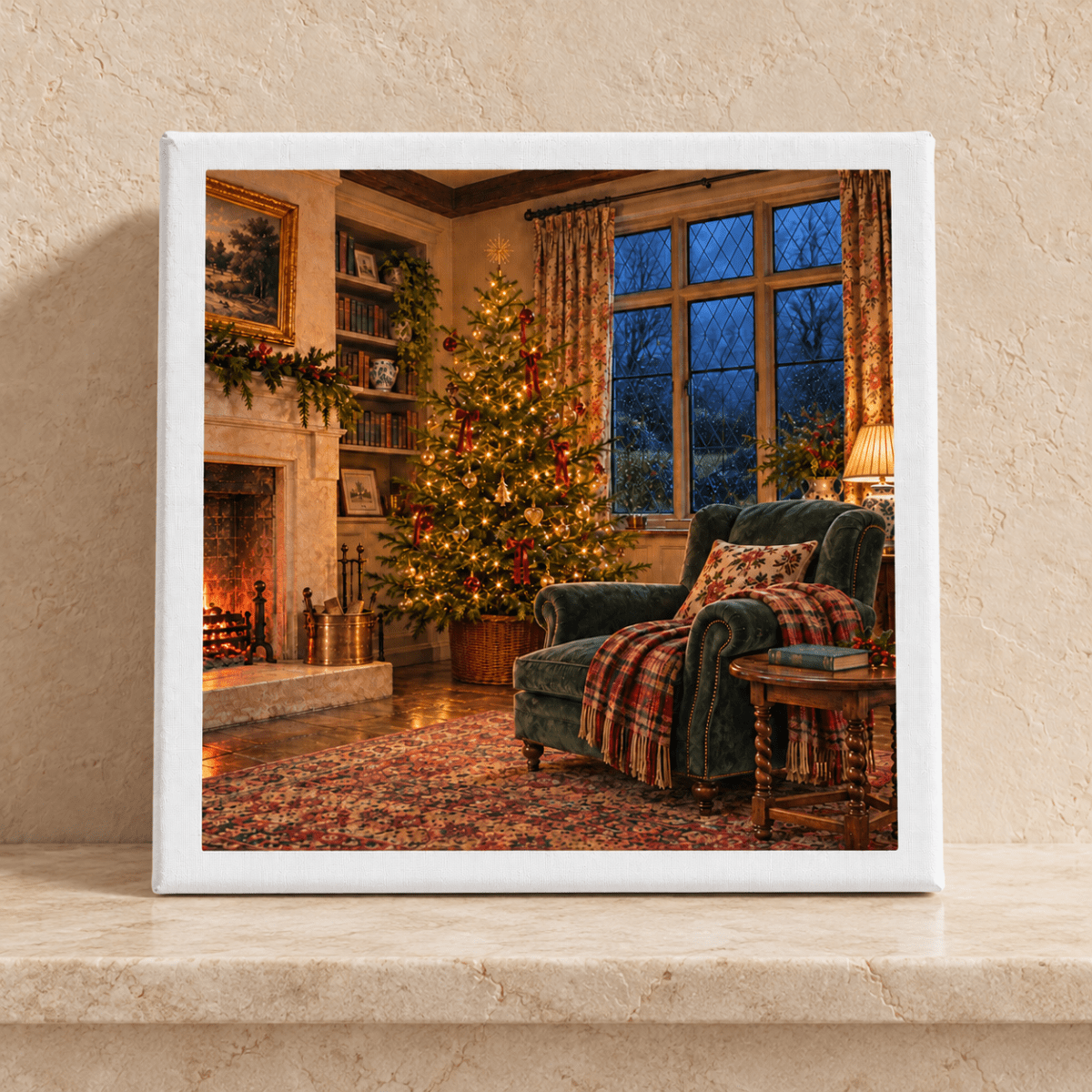 While the House Sleeps Canvas by Mirabilia Boutique, showing a cozy English sitting room with a lit Christmas tree, a fireplace, and a green armchair by a window in a winter interior illustration.