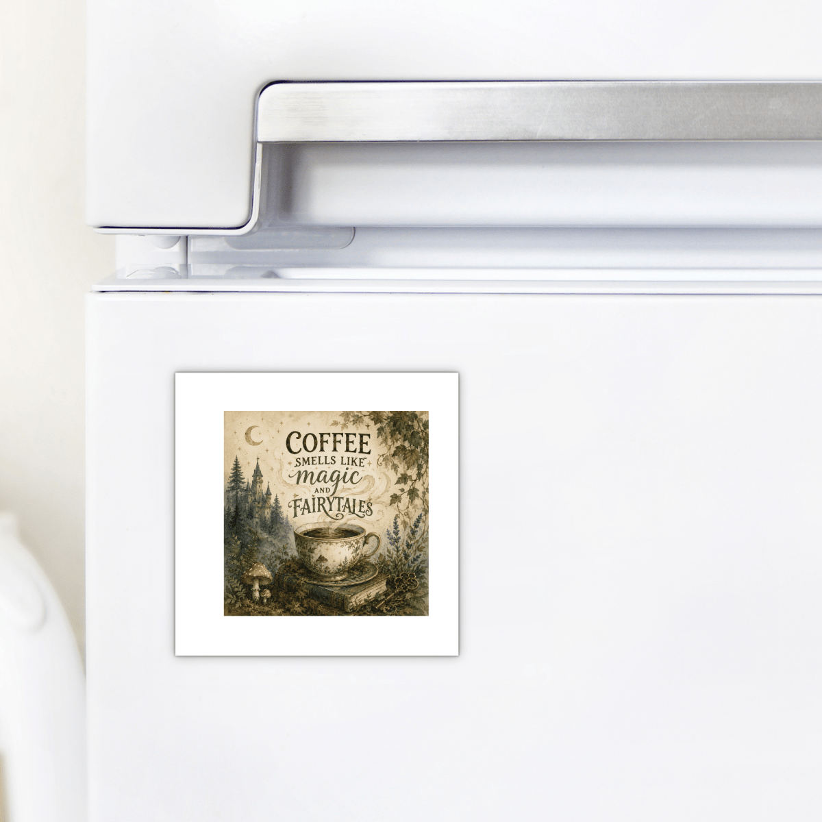 Add a whimsical touch to your white refrigerator with the "Coffee Smells Like Magic And Fairytales Magnet" by Mirabilia Boutique. This square coffee magnet features an illustrated coffee cup against a forest scene, paired with the enchanting text: "Coffee smells like magic and fairytales." It's a charming fairy tale kitchen decor piece and makes a delightful coffee gift.