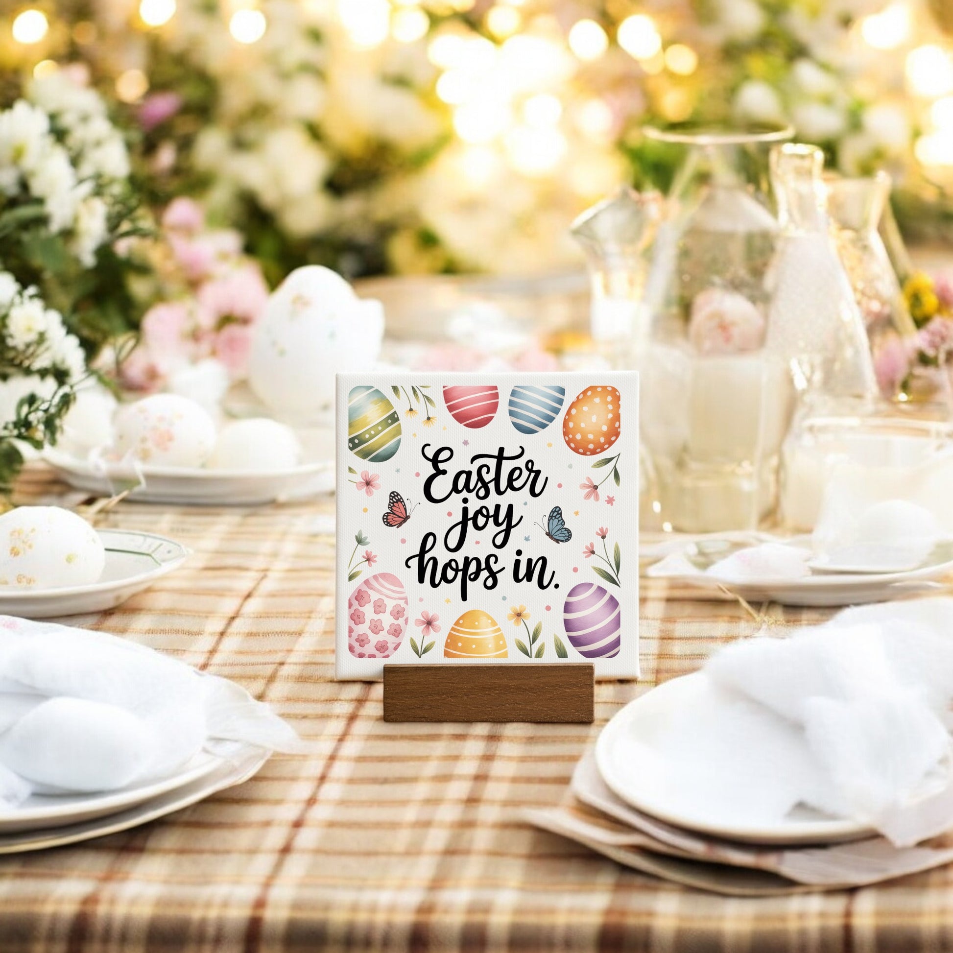 A festive Easter table features decorated eggs, flowers, and glassware. At the center is the Mirabilia Boutique Easter Joy Hops In Mini Canvas Sign (4x4), surrounded by colorful eggs, butterflies, and cheerful spring decor.