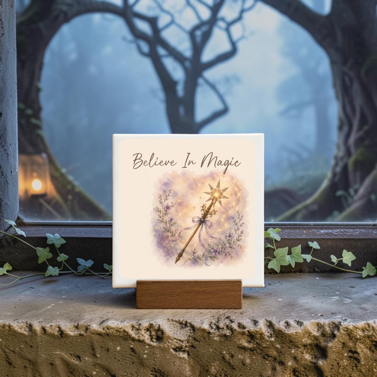 The Believe In Magic Mini Canvas Sign by Mirabilia Boutique features a sparkly watercolor fairy wand and the inspiring phrase "Believe In Magic." Displayed on a wooden stand by a window, it is surrounded by trailing ivy and set against the backdrop of a misty, enchanted forest.