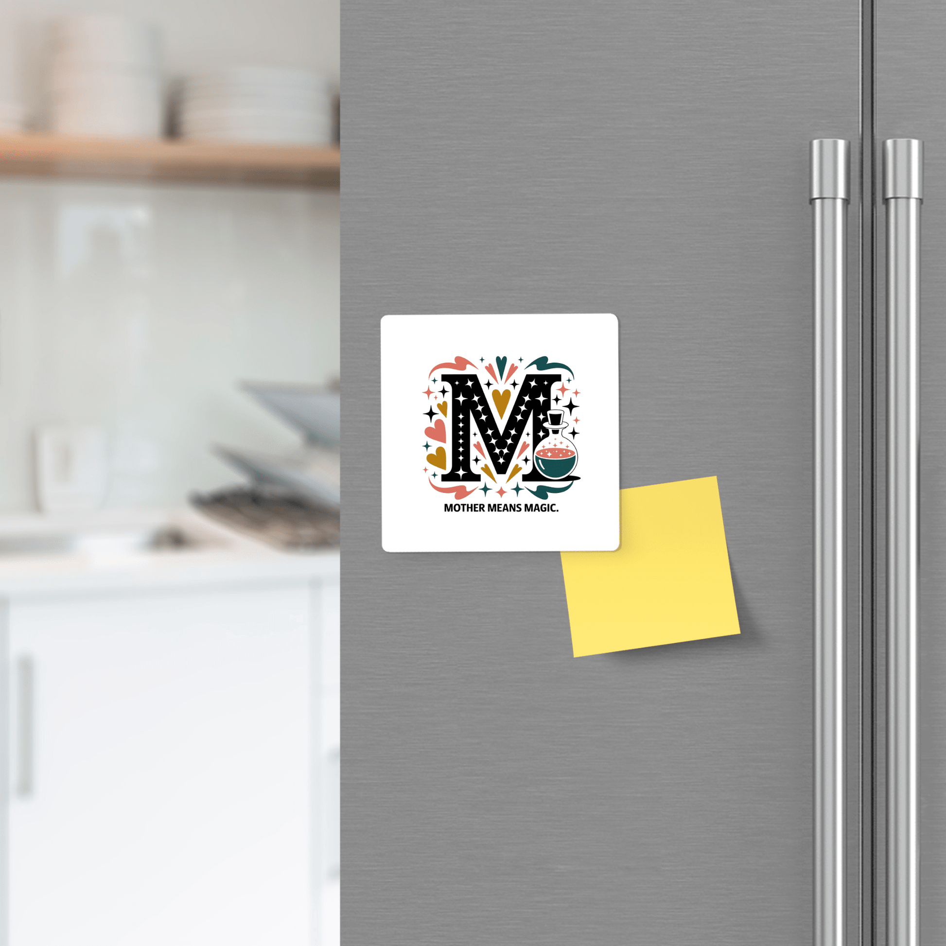 The Mirabilia Boutique "Mother Means Magic Magnet" adds a whimsical pop of color and charm to any fridge—perfect as a Mother's Day gift or kitchen décor accent.