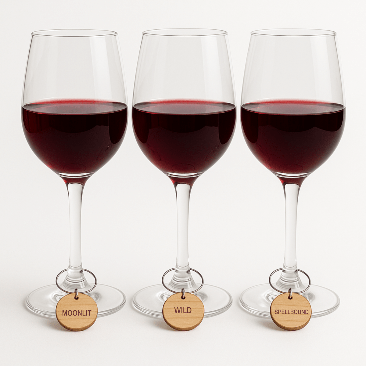 Three wine glasses filled with red wine are neatly lined up, each adorned at its base with a wooden wine charm from Mirabilia Boutique’s Enchanted Woodland Wine Charms Set. The charms are labeled “MOONLIT,” “WILD,” and “SPELLBOUND.” The background is plain white.