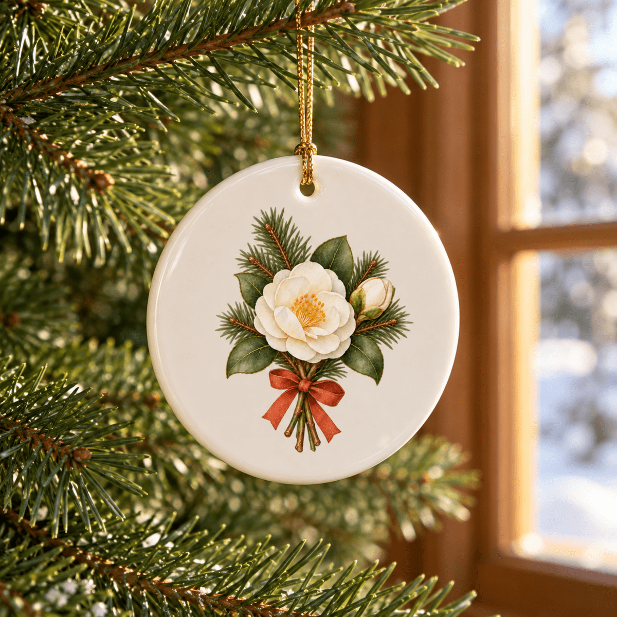 A Winter Offering Camellia Ornament by Mirabilia Boutique, a round white ceramic Christmas ornament hanging on a pine tree, decorated with a botanical winter bouquet illustration tied with a red ribbon.