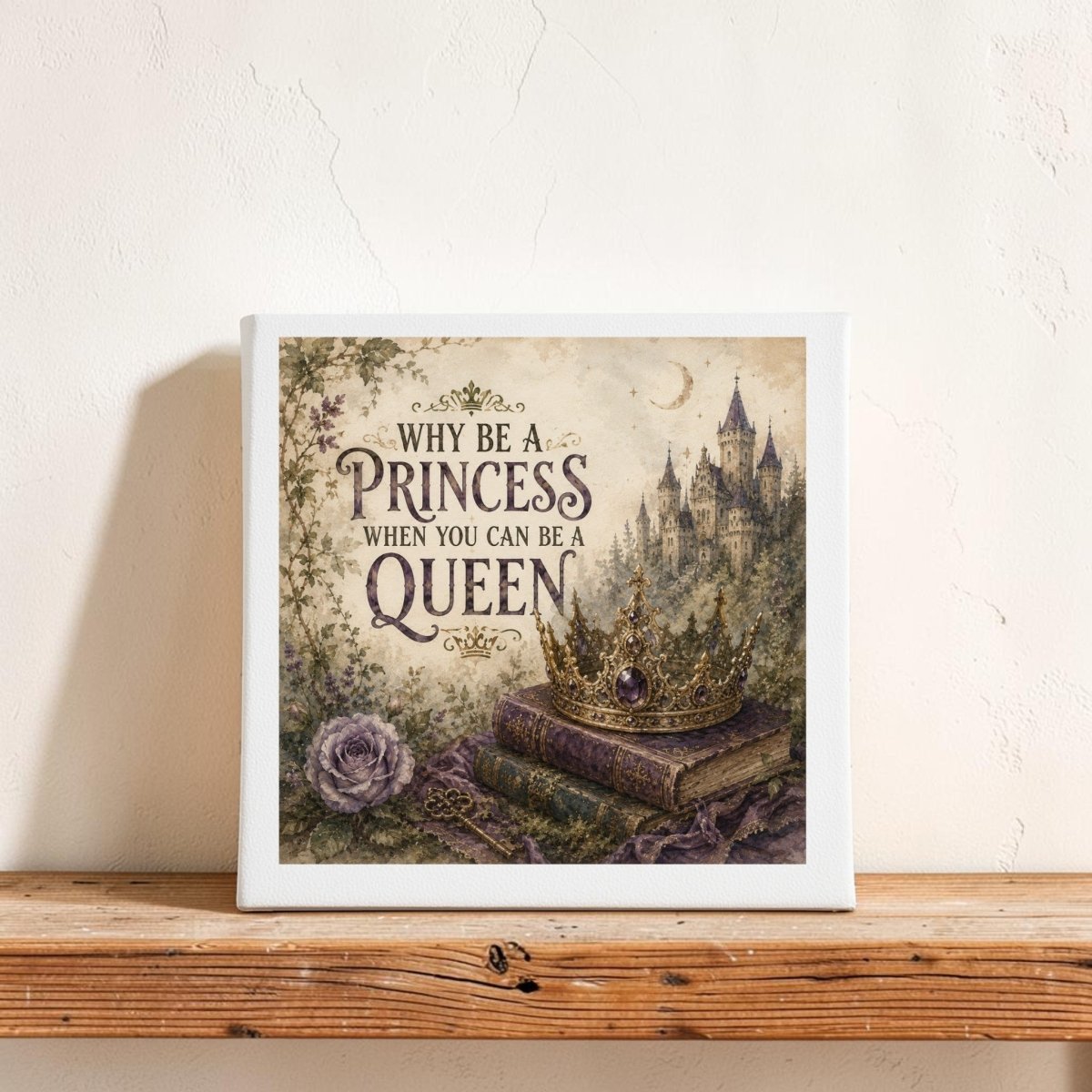 The "Why Be a Princess When You Can Be a Queen Canvas" by Mirabilia Boutique is a square wall art piece, displayed on a wooden shelf, adorned with a crown, classic books, a purple rose, and a castle in the distance. Featuring the inspiring phrase "Why be a princess when you can be a queen," this fairytale-inspired decor is ideal for anyone who loves empowering wall art.