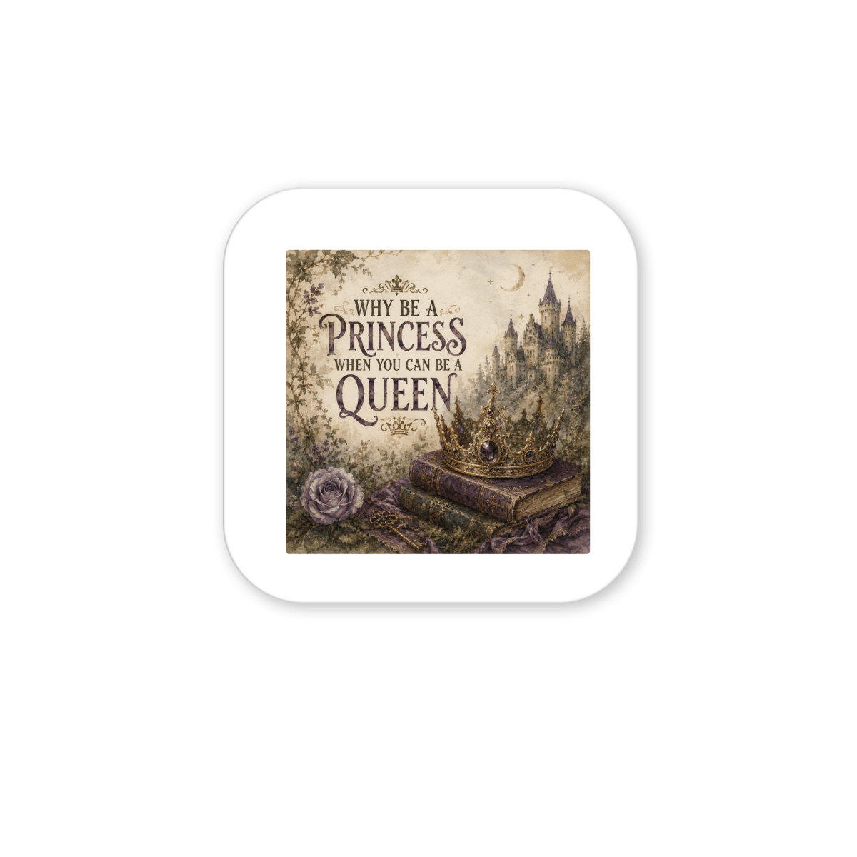 The Mirabilia Boutique "Why Be a Princess When You Can Be a Queen Magnet" features a decorative image of a crown, a purple rose, and a distant castle with the inspirational quote, "Why be a princess when you can be a queen," set against a vintage, fairy-tale style background—perfect for adding fairytale decor to any space.