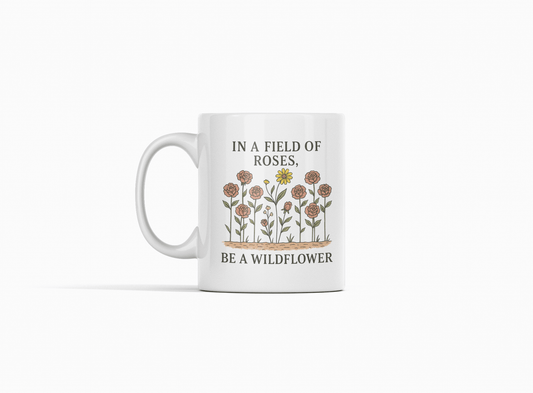 The Be a Wildflower Mug by Mirabilia Boutique is a white ceramic coffee cup featuring an uplifting floral design with roses and yellow wildflowers. The text reads, “IN A FIELD OF ROSES, BE A WILDFLOWER.” Design is centered on the mug.
