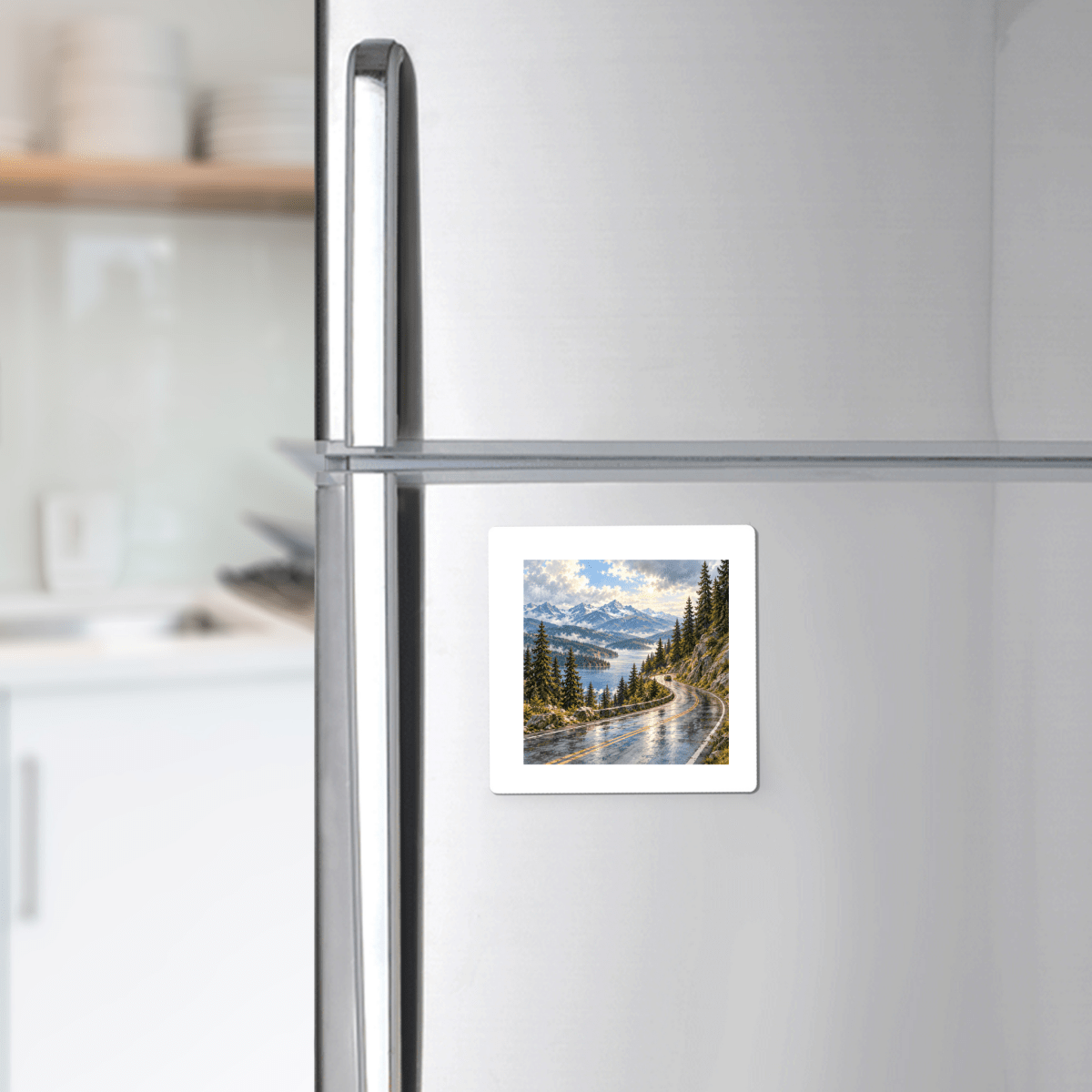 A square The Scenic Byway Magnet on a refrigerator, featuring a canvas art illustration of a winding mountain road along a lake with snow-capped peaks.