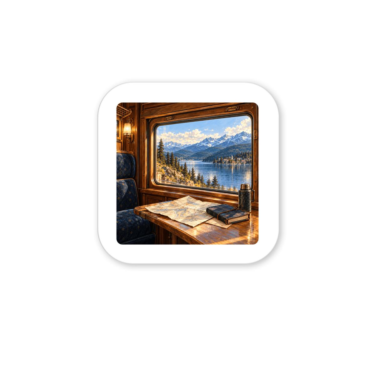 A square Window Seat Northbound Magnet by Mirabilia Boutique showing a train window view of a mountain lake, with a map, book, and thermos resting on a wooden table inside the cabin.