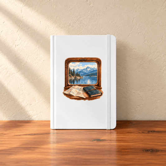 A white Window Seat Northbound A5 Journal featuring a travel illustration of a railway window looking out over a mountain lake, with a map and a small notebook resting on the sill below.