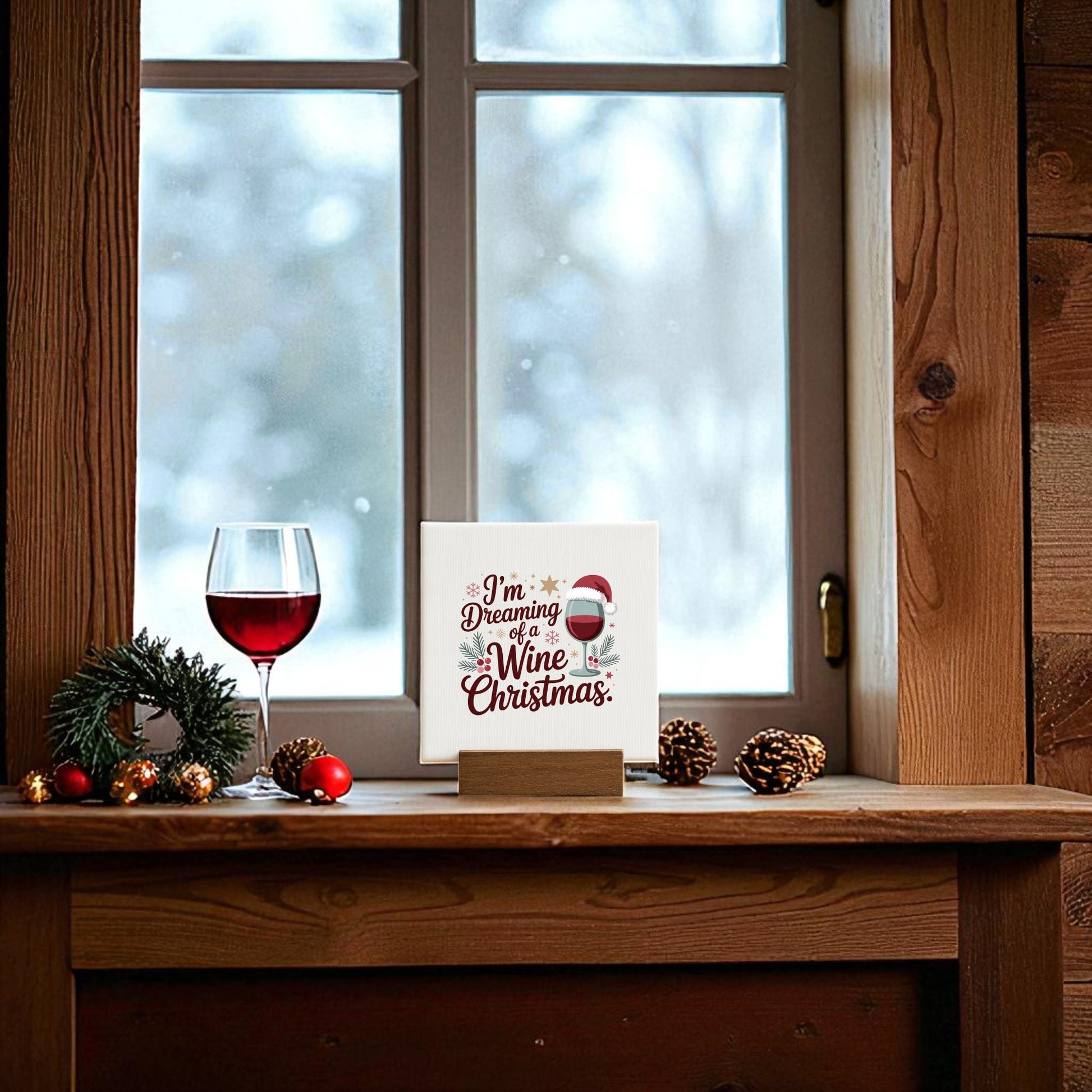 A glass of red wine, mini Christmas decor, and the Mirabilia Boutique "Wine Christmas Mini Canvas" with base—reading "I'm dreaming of a wine Christmas"—adorn a snowy windowsill, creating an ideal gift scene for wine lovers.