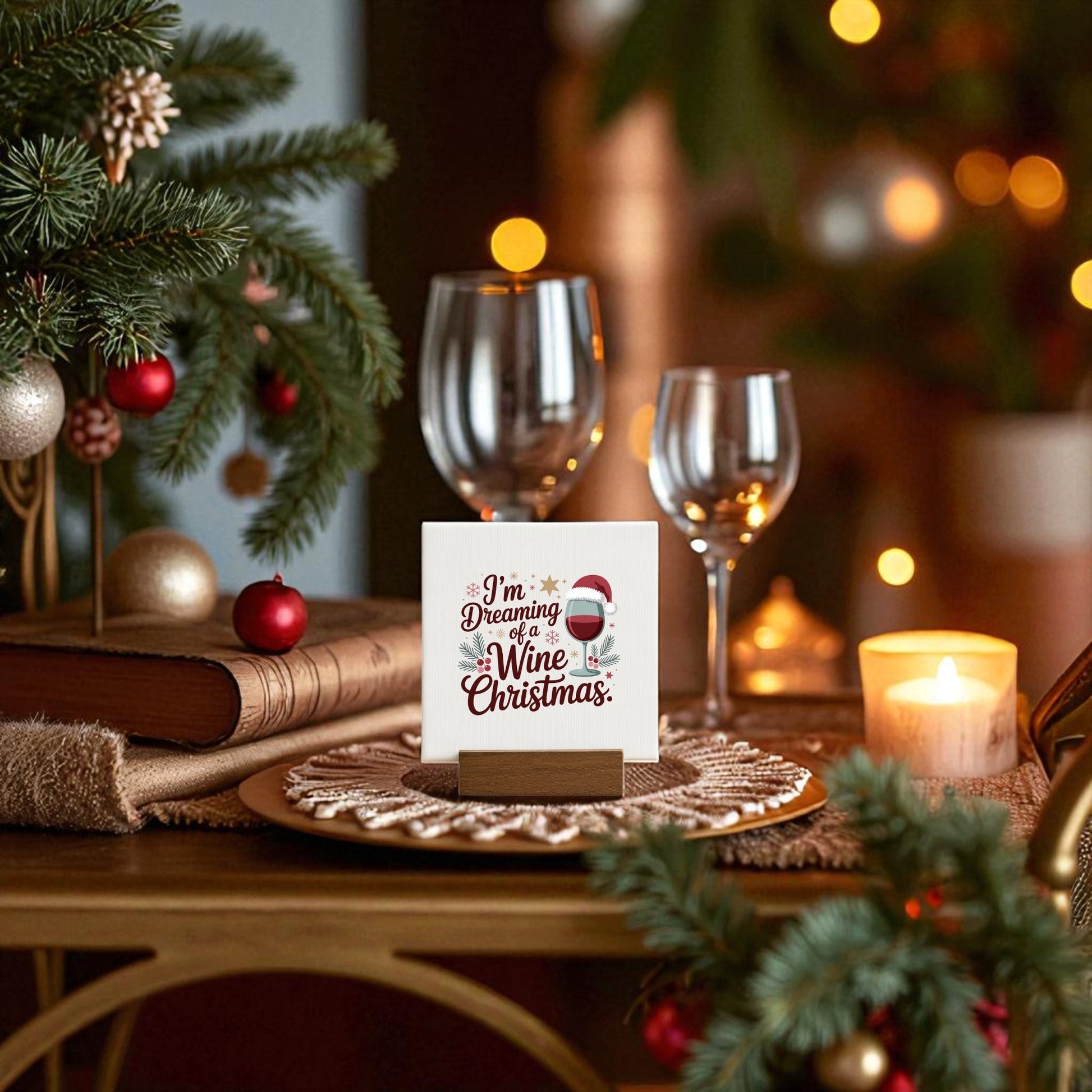 A festive table with mini Christmas decor, wine glasses, candle, ornaments, and greenery features the Mirabilia Boutique Wine Christmas Mini Canvas—a funny holiday sign with base—perfect as a wine lover gift.