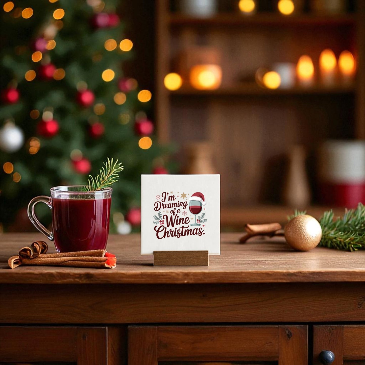 A glass mug of red wine with cinnamon and pine sits on a wooden table. Next to it is the Mirabilia Boutique Wine Christmas Mini Canvas Sign, reading "I'm dreaming of a wine Christmas," with festive decor and warm lights in the background.