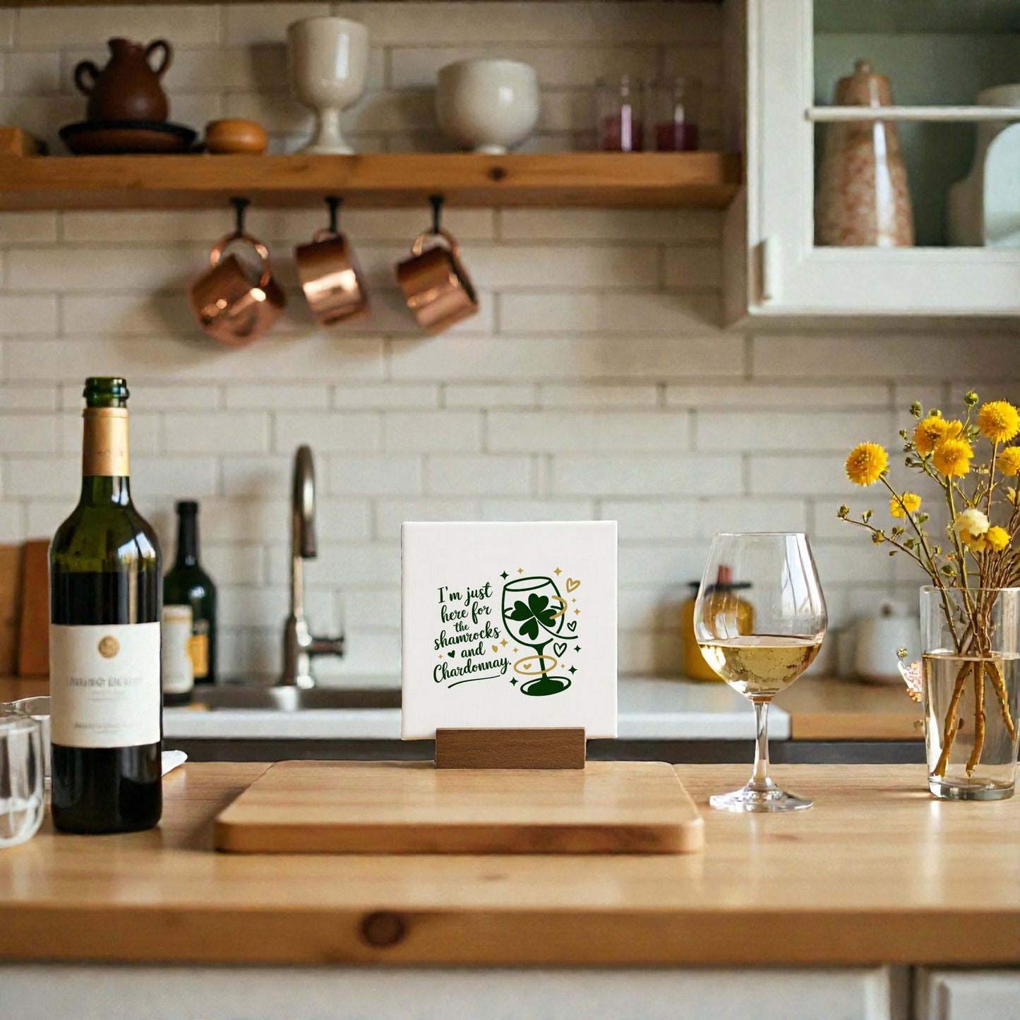 A kitchen counter features St. Patrick’s Day decor: a wine bottle, filled glass, yellow flowers, and the Mirabilia Boutique Shamrocks and Chardonnay Canvas Sign (4x4). Copper pots hang in the background.