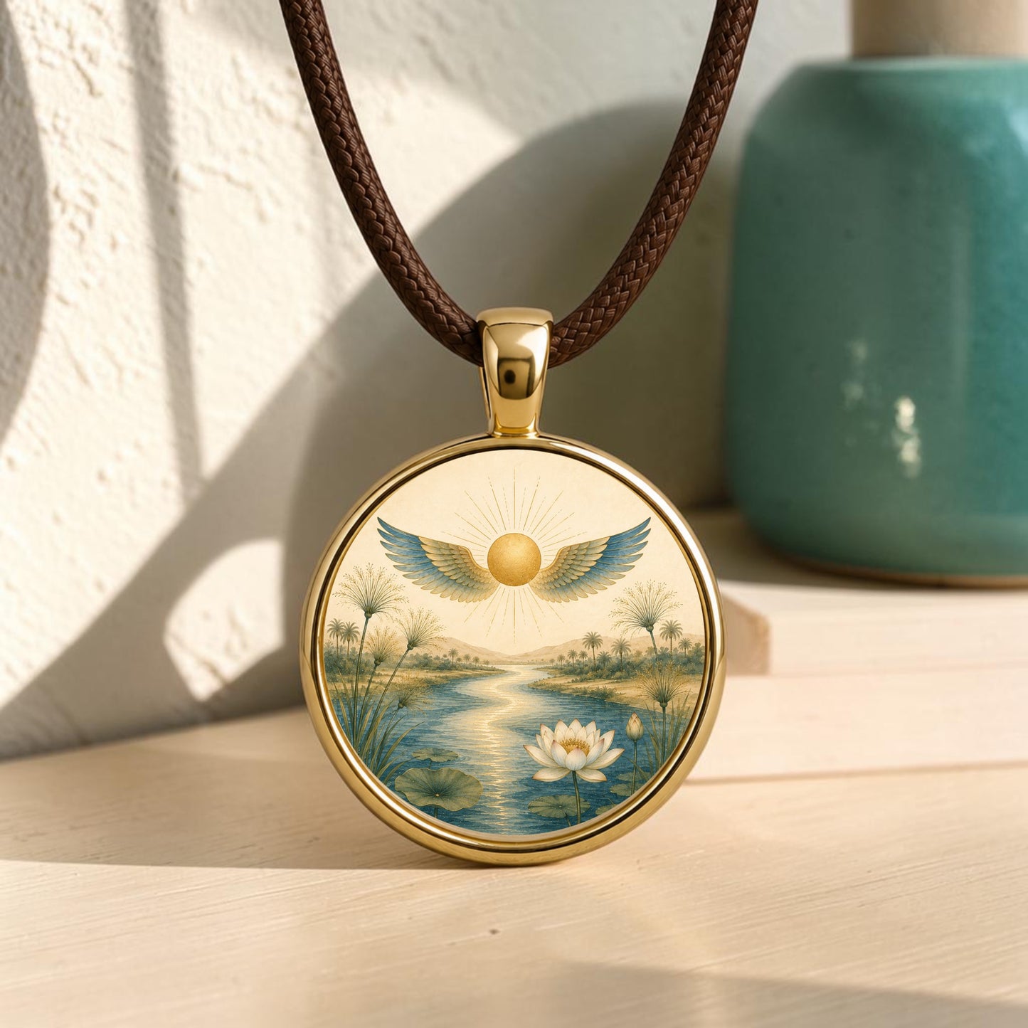 The Guidance | Story Pendant Necklace by Mirabilia Boutique, from the Lapis & Lotus Collection, is a round gold piece on a brown cord, artfully featuring a serene river, radiant sun, wings, flourishing plants, and a graceful white lotus. Resting on a wooden surface beside a teal vase, this exquisite story pendant embodies tranquility and elegance in every detail.