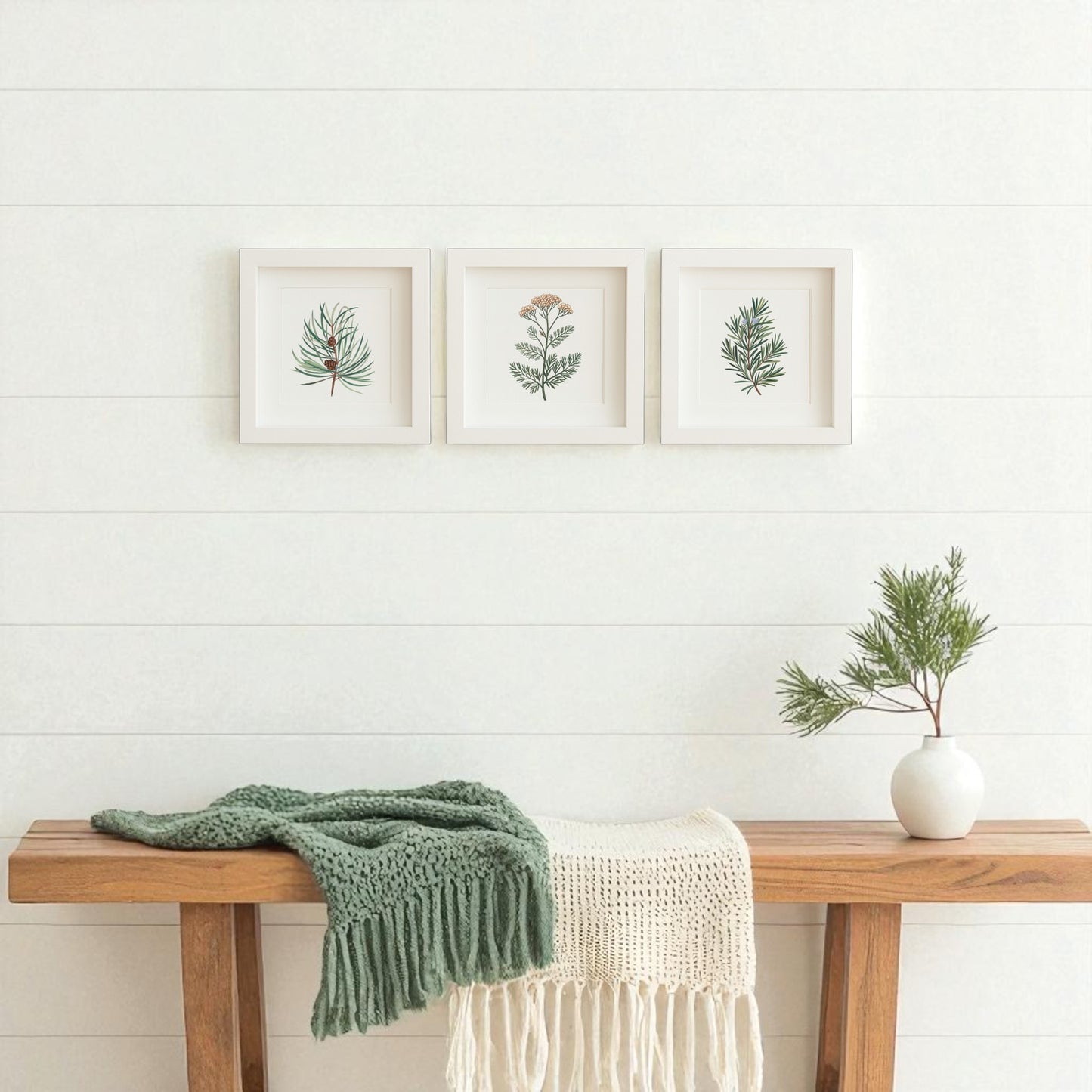 A wooden bench with a green throw and cream knit blanket sits against a white shiplap wall. Above, Mirabilia Boutique’s Winter Botanical Trio—Pine, Yarrow, Rosemary Prints—adds charm, while a small vase with greenery completes the cozy scene.