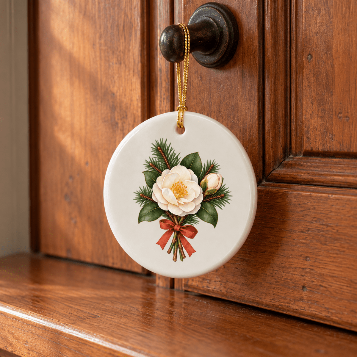 A Winter Offering Camellia Ornament hanging from a wooden door handle, featuring a round white ceramic design with a painted camellia, pine branch, and red ribbon.