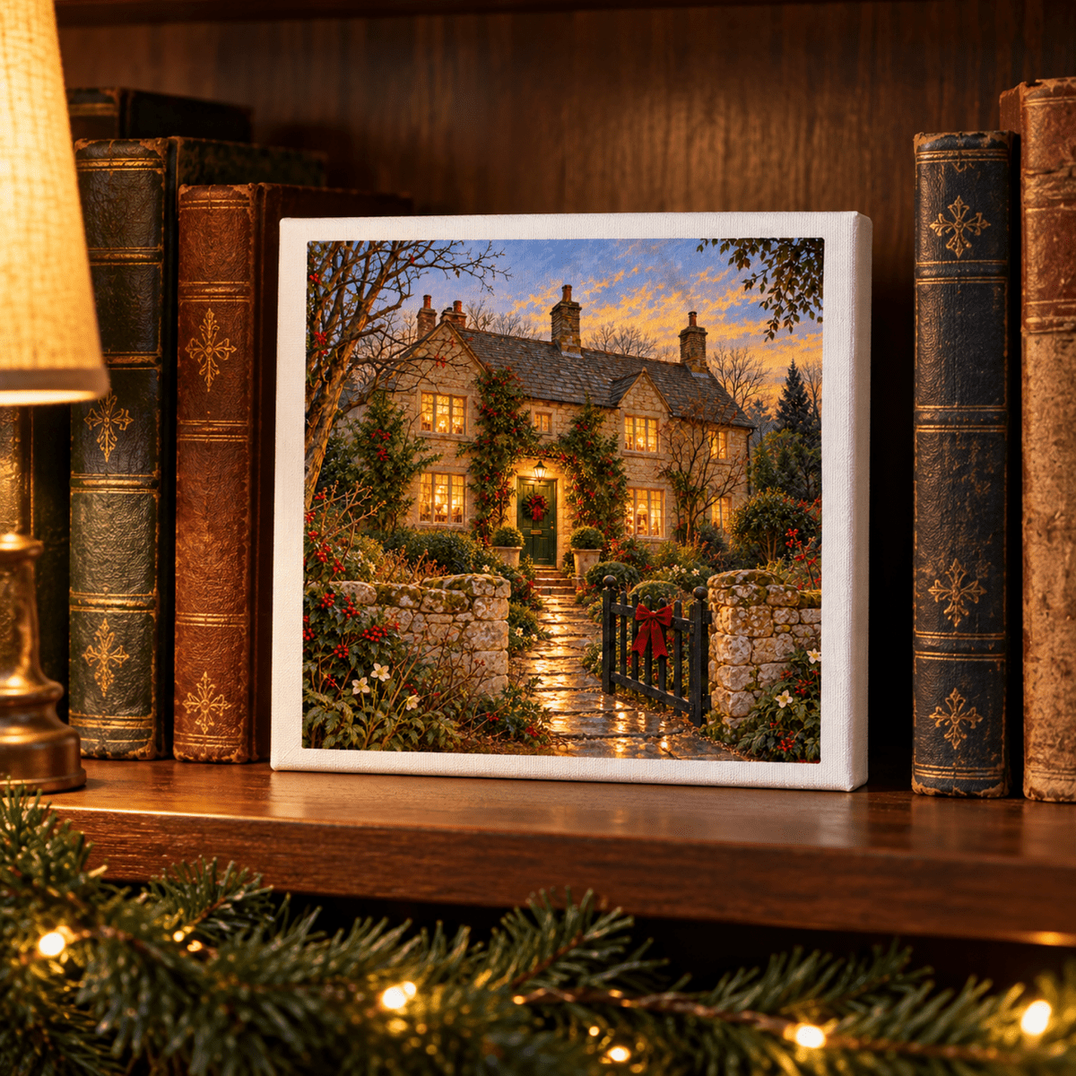 A square Christmas at the Gable Canvas print featuring a cozy English stone house decorated for Christmas, displayed on a bookshelf between vintage books as part of a collection of winter wall art by Mirabilia Boutique.