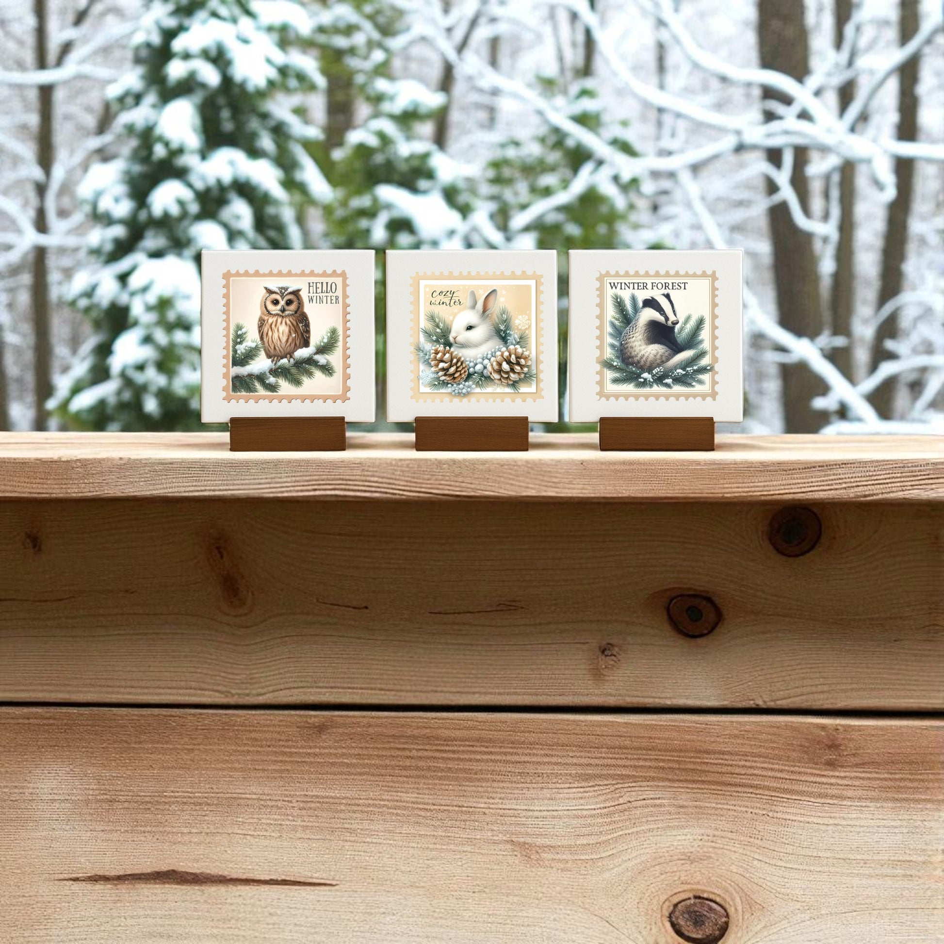 The Mirabilia Boutique Winter Forest Mini Sign Trio features three 4x4 canvas prints—a rabbit, owl, and bird against snowy trees—perfect for cozy winter or woodland decor.
