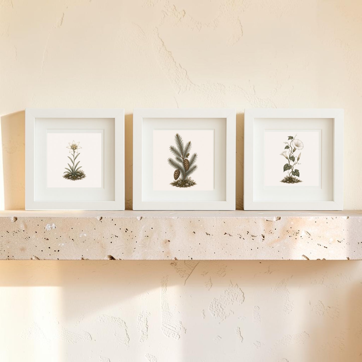 Three framed botanical illustrations from the Mirabilia Boutique Winter Meadow Botanical Shadowbox Trio | 5x5 are arranged side by side on a beige stone shelf against a textured cream wall. Echoing the look of a botanical shadowbox, these images each feature different winter botanicals in simple white frames.