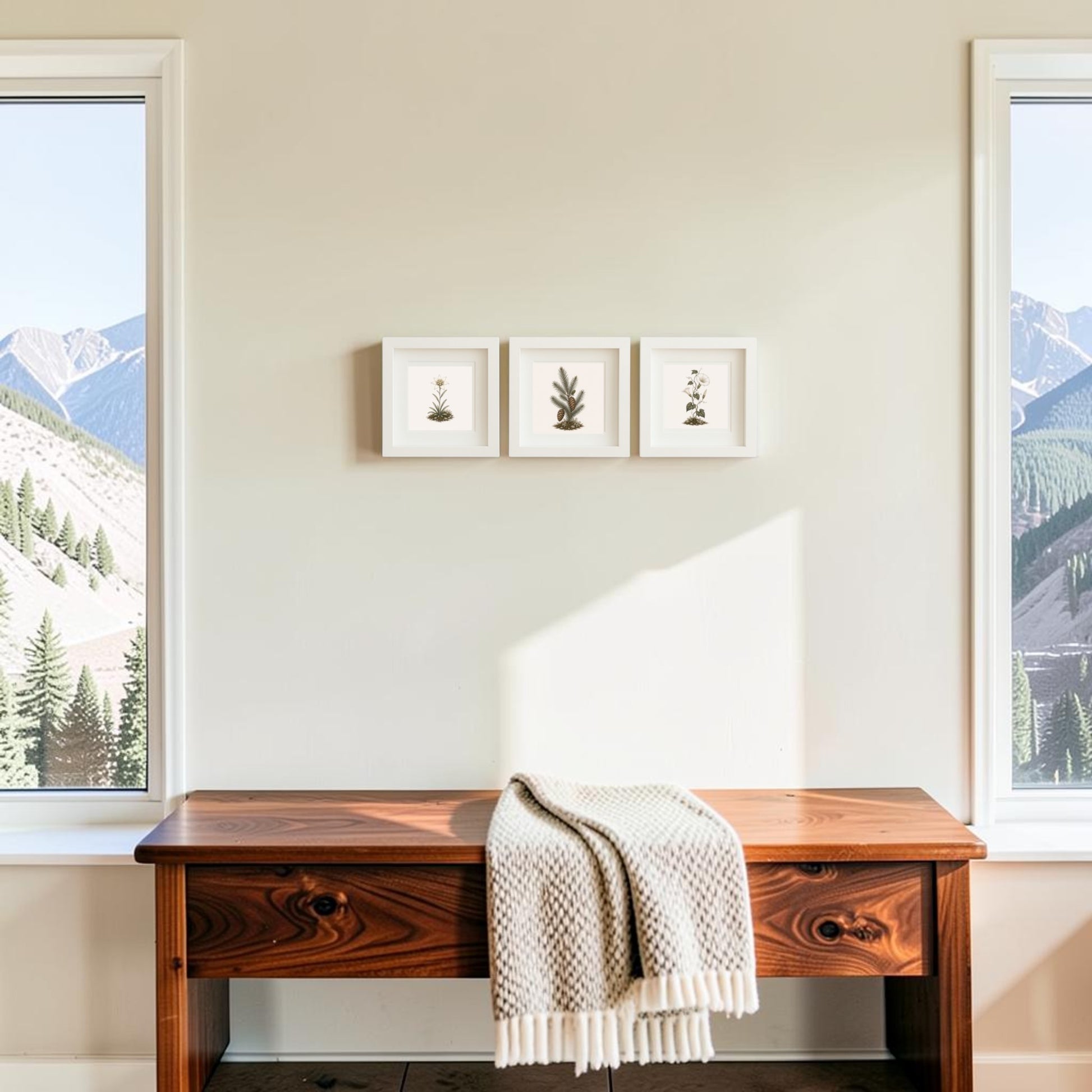 A wooden table with a folded blanket draped over it sits between two windows that reveal scenic mountain views. Hanging on the light-colored wall above the table are three small 5x5 framed prints from the Winter Meadow Botanical Shadowbox Trio by Mirabilia Boutique, each featuring delicate winter botanicals.