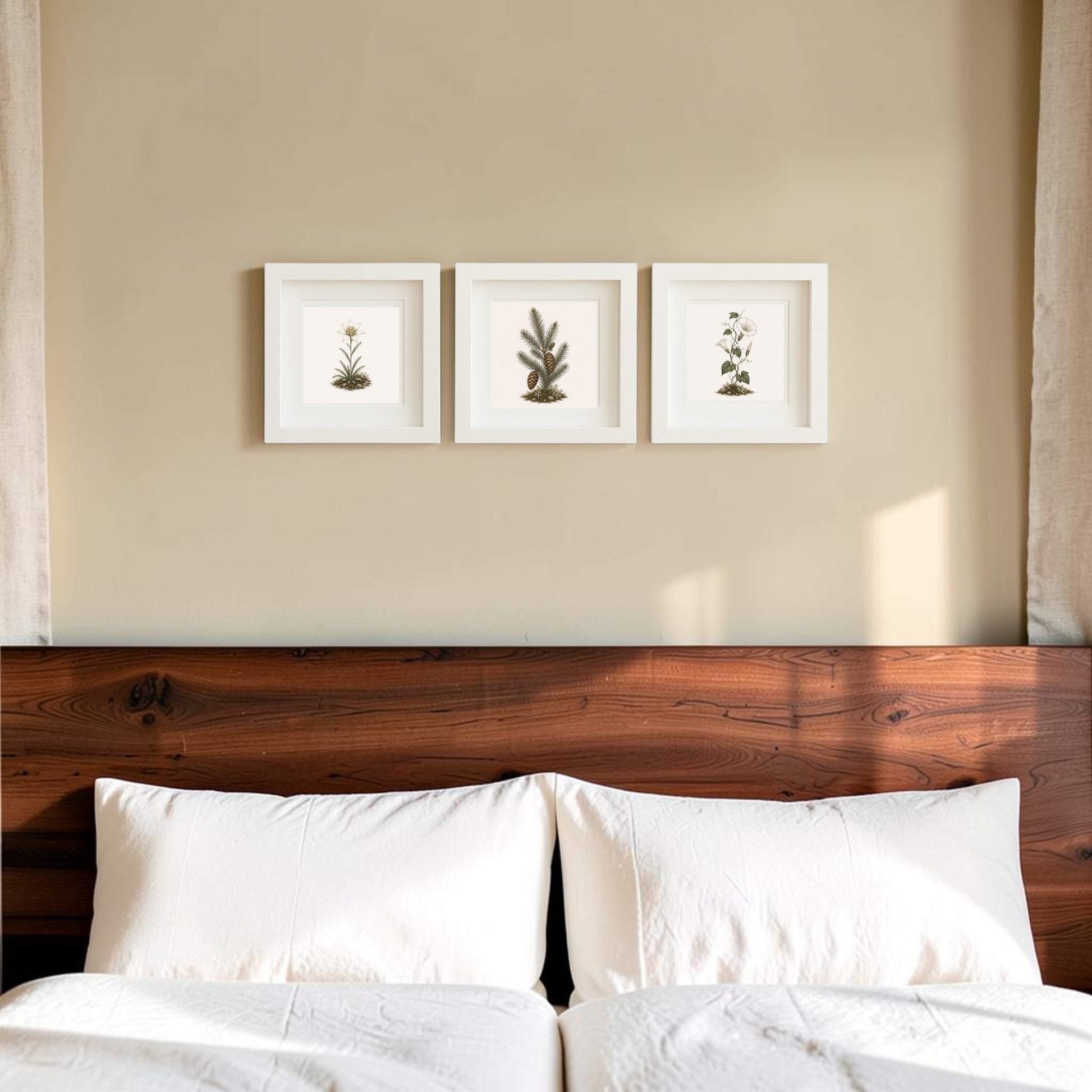 A neatly made bed with white bedding sits below a wooden headboard. Above the bed, three framed prints from the Mirabilia Boutique Winter Meadow Botanical Shadowbox Trio | 5x5 are displayed in a row on a beige wall, reflecting the tranquil charm of winter botanicals. Light curtains frame the scene.