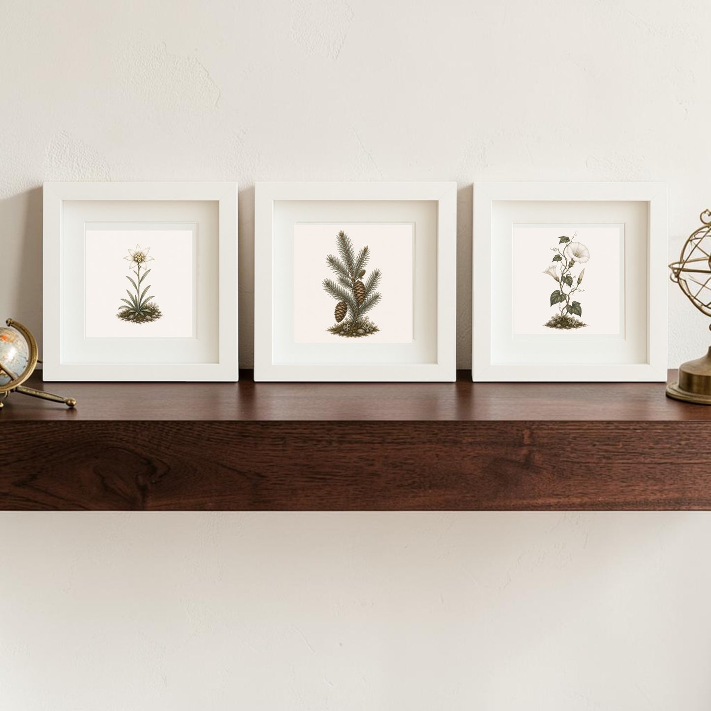 The Winter Meadow Botanical Shadowbox Trio | 5x5 by Mirabilia Boutique, featuring three framed illustrations—a flower, a pine branch with a cone, and another winter-inspired bloom—rests elegantly on a dark wooden shelf against a light-colored wall, capturing the refined charm of botanical shadowboxes.