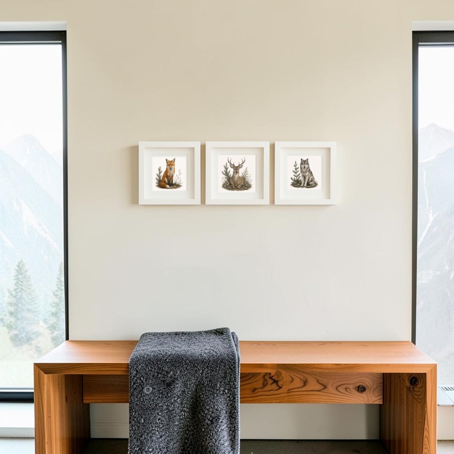 A wooden bench with a patterned gray blanket sits below the Mirabilia Boutique “Winter Vigil Wildlife Shadowbox Trio | 5x5” framed art prints on a beige wall, nestled between two tall windows overlooking a mountain landscape.