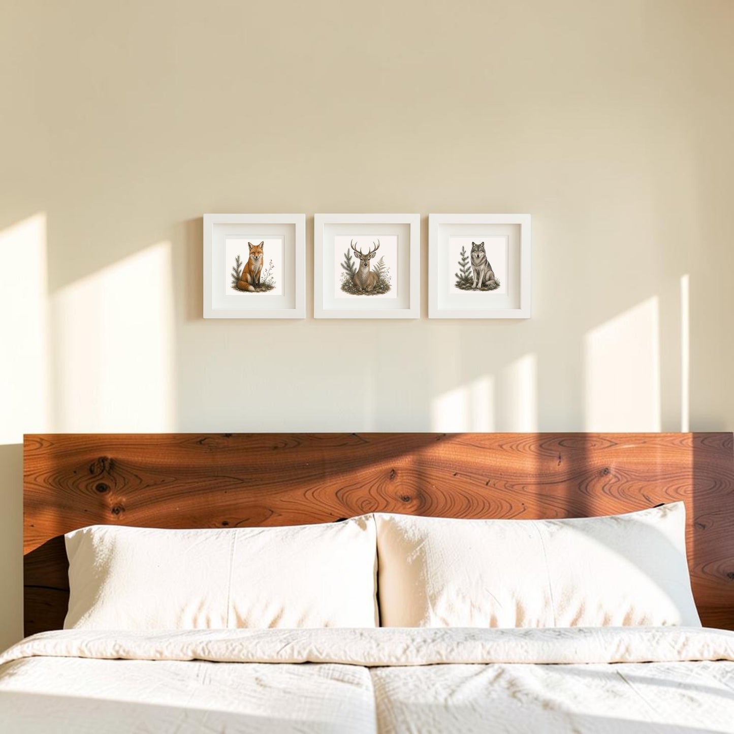 Sunlit bedroom with a wooden headboard and white bedding. Above the bed are three framed animal art prints from the Winter Vigil Wildlife Shadowbox Trio by Mirabilia Boutique—a fox, deer antlers, and a wolf—each in a 5x5 format, evenly spaced on a light beige wall. This arrangement brings winter wildlife art from Mirabilia Boutique’s collection into the space, adding subtle woodland charm.